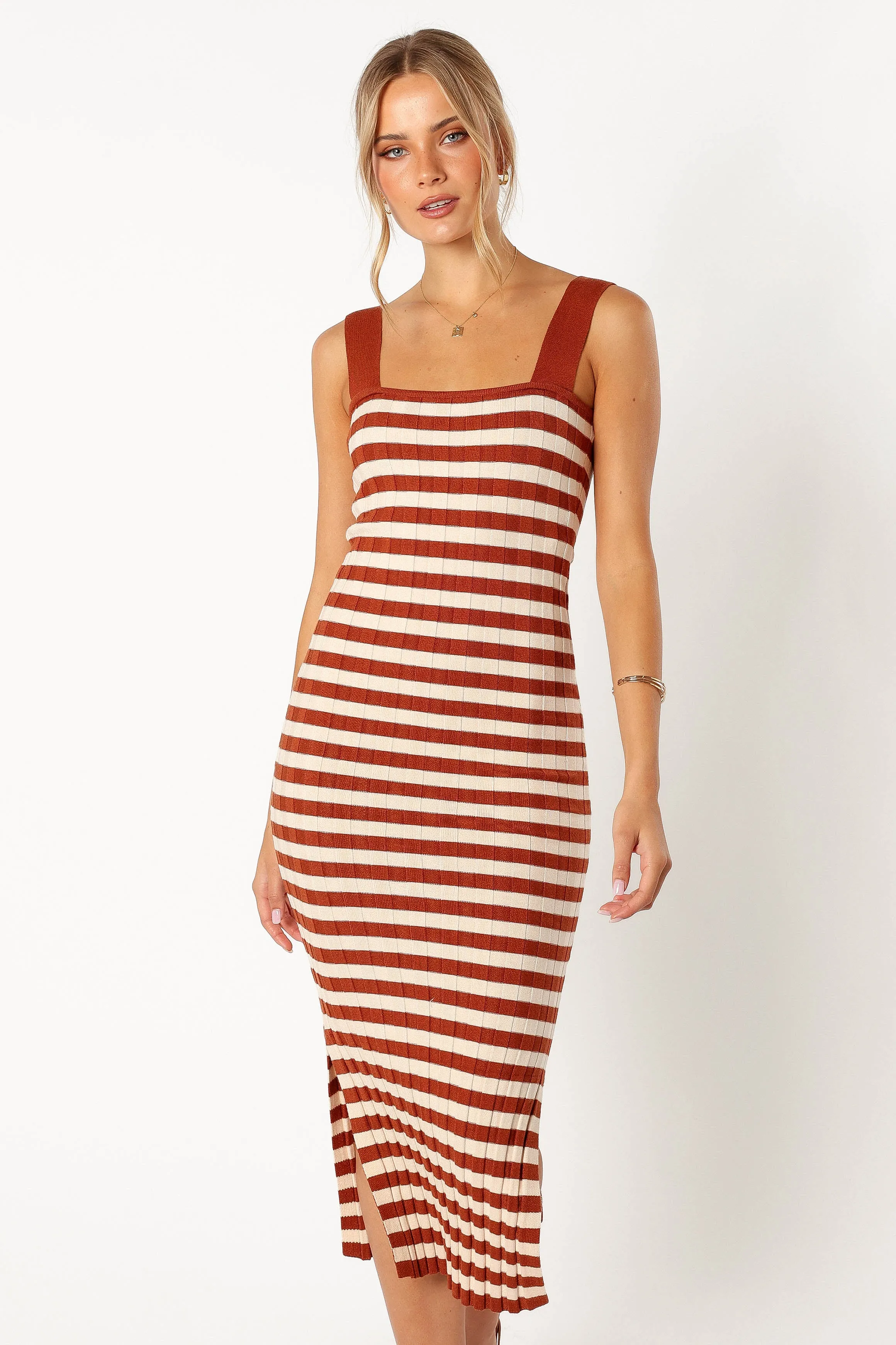 Ledger Midi Dress - Tan Stripe sold by Petal & Pup