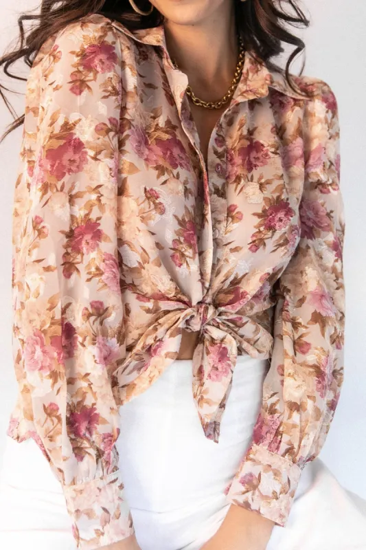 Abbey Floral Button Front Top - Beige sold by Petal & Pup