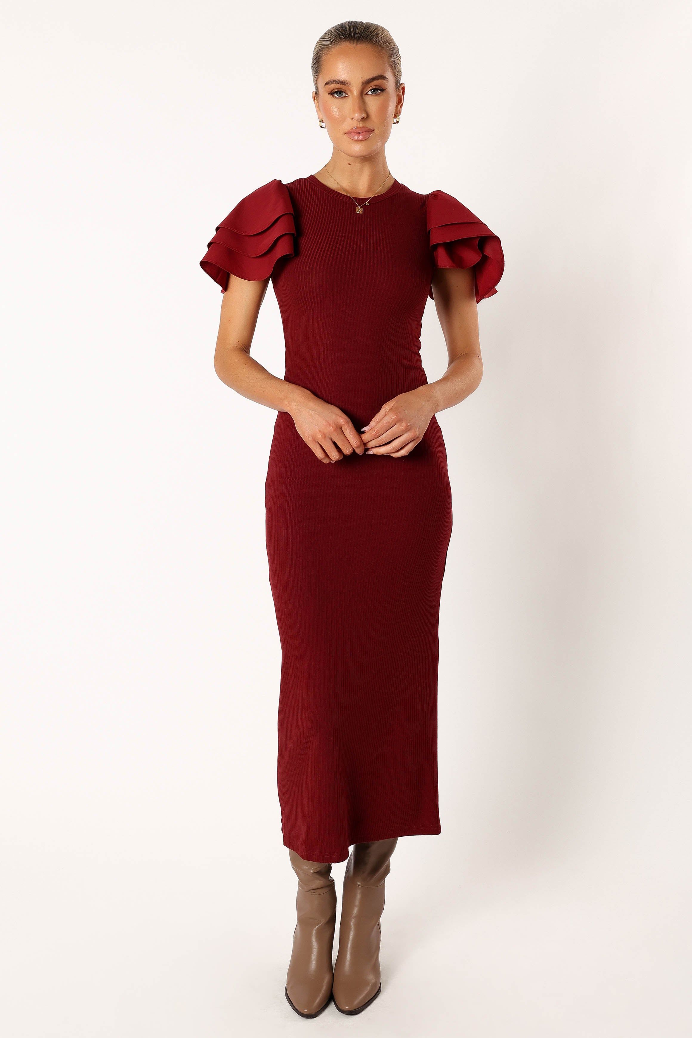Cally Ruffle Sleeve Maxi Dress - Wine sold by Petal & Pup product image thumbnail 4