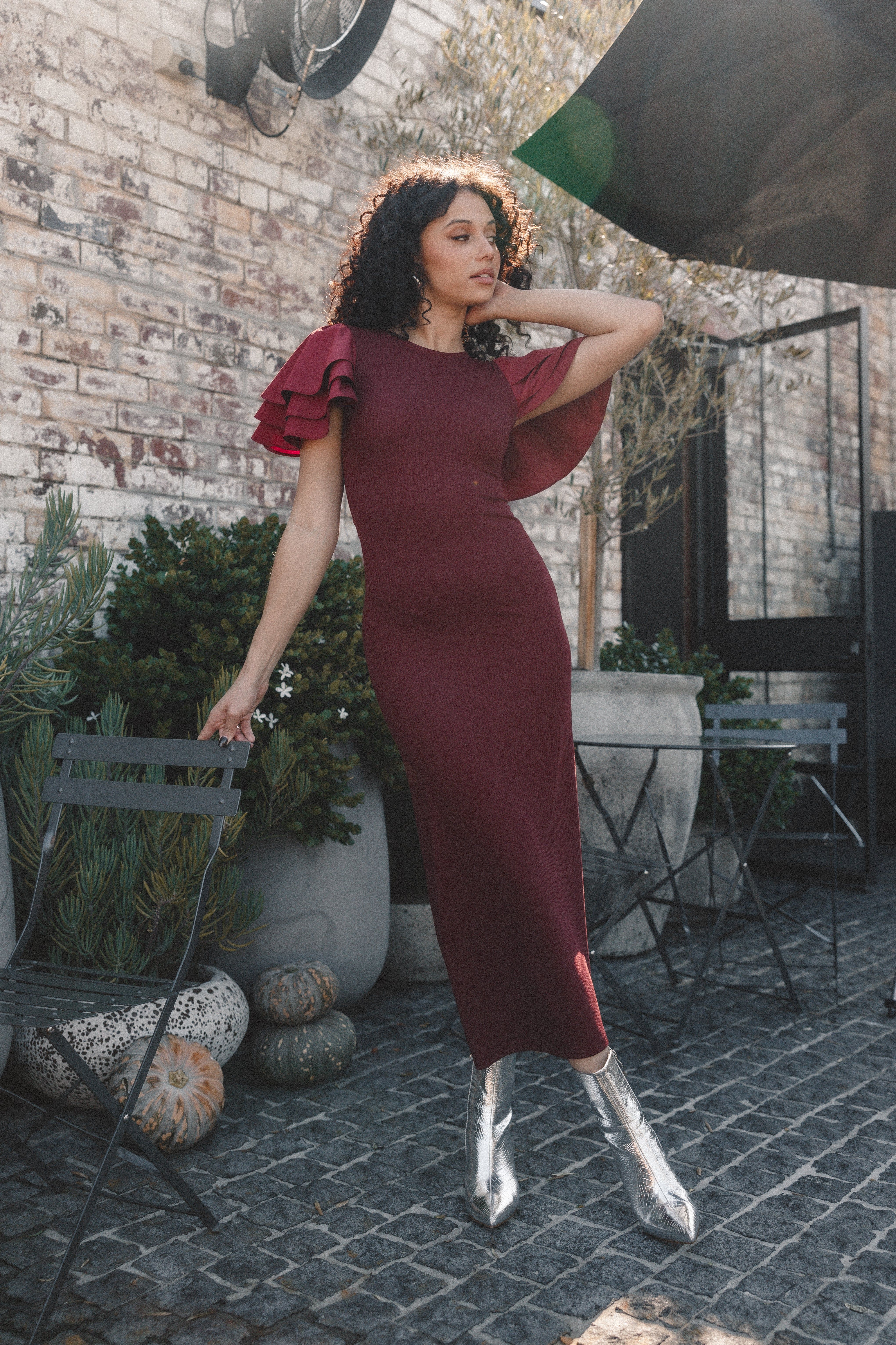 Cally Ruffle Sleeve Maxi Dress - Wine sold by Petal & Pup product image thumbnail 2