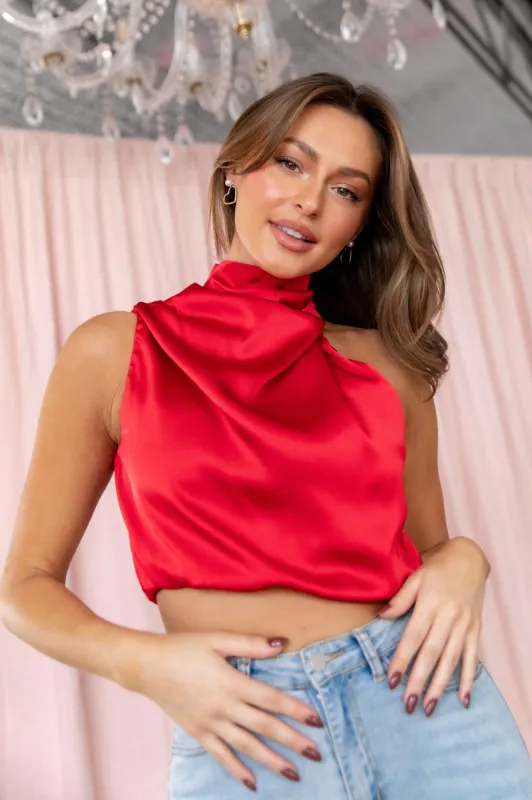 Arabella High Neck Drape Satin Top - Red sold by Petal & Pup