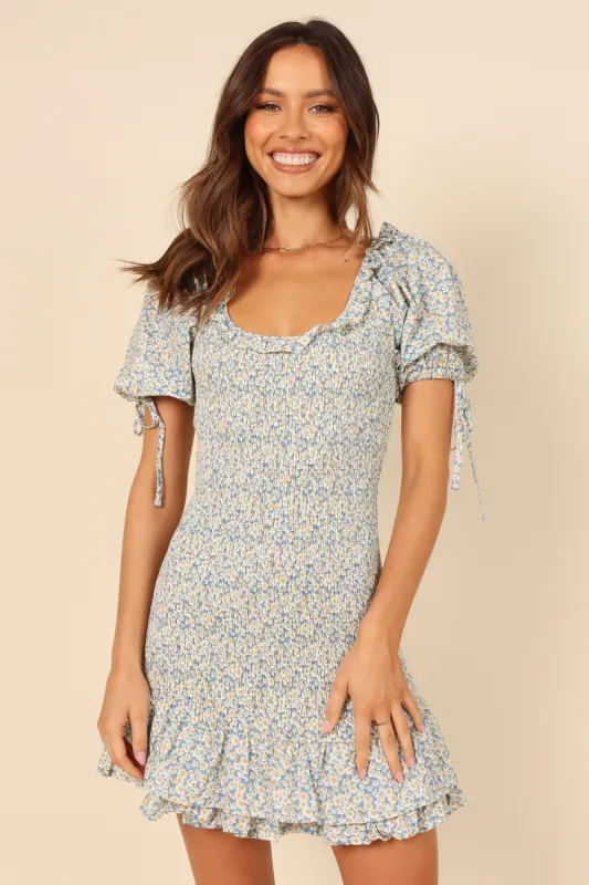 Marabella Shirred Mini Dress - Blue sold by Petal & Pup