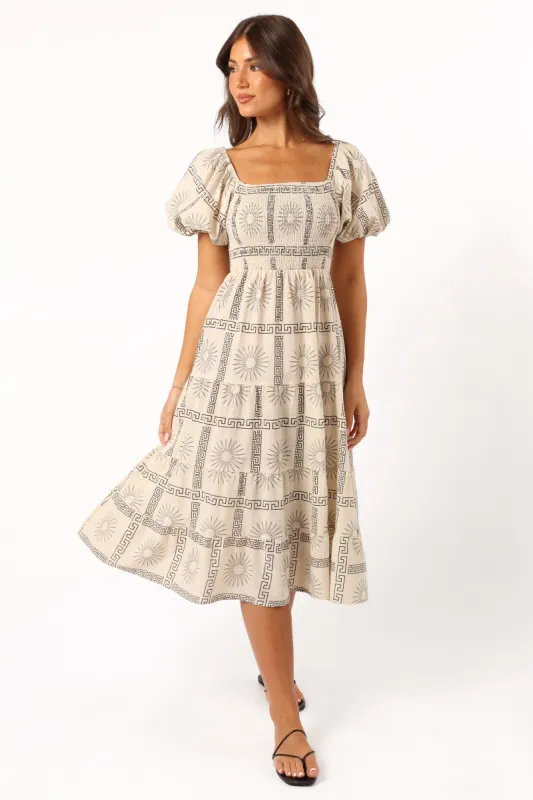 Soliel Puff Sleeve Midi Dress - Beige Black sold by Petal & Pup