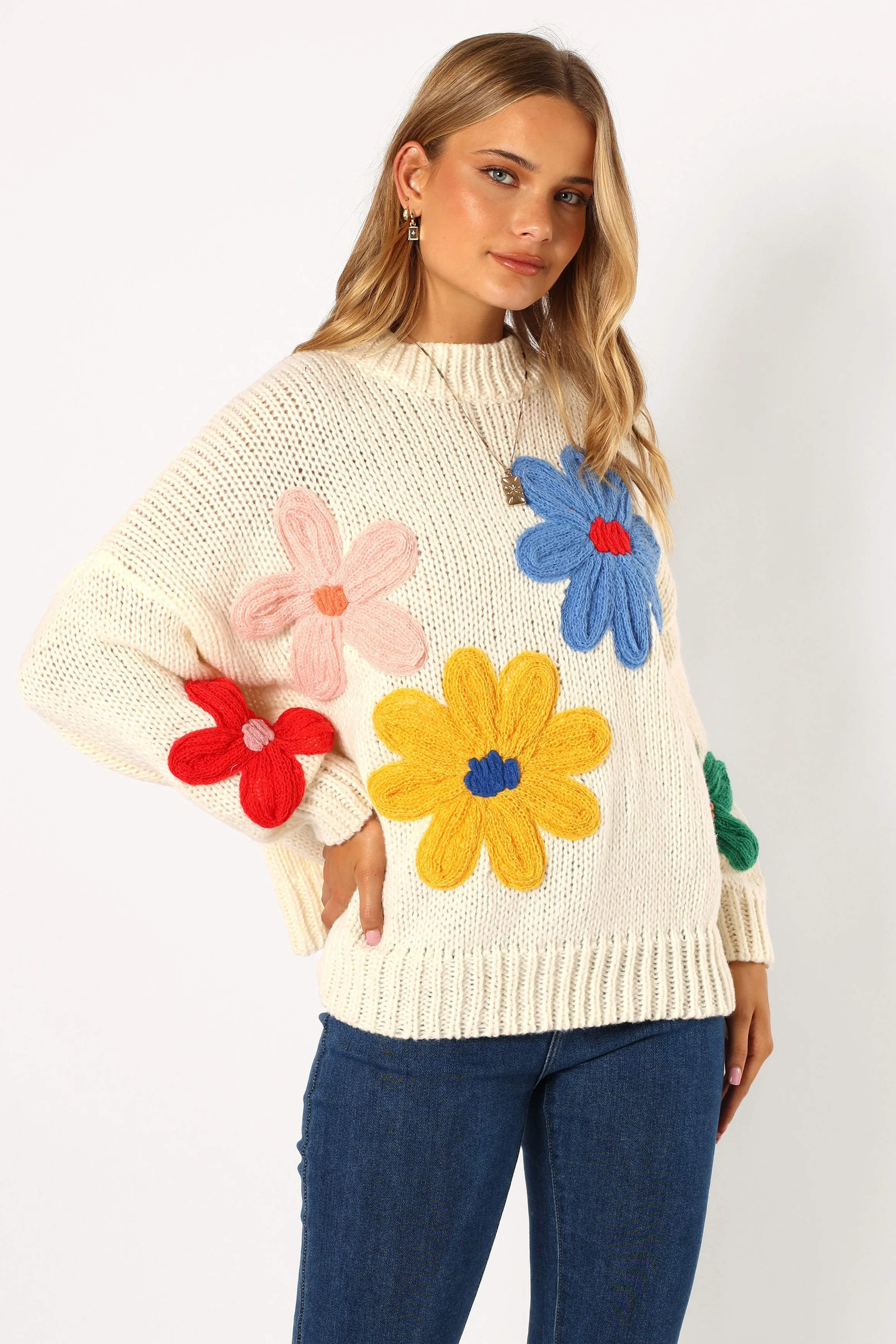 Alanna Flower Detail Knit Sweater - Cream sold by Petal & Pup