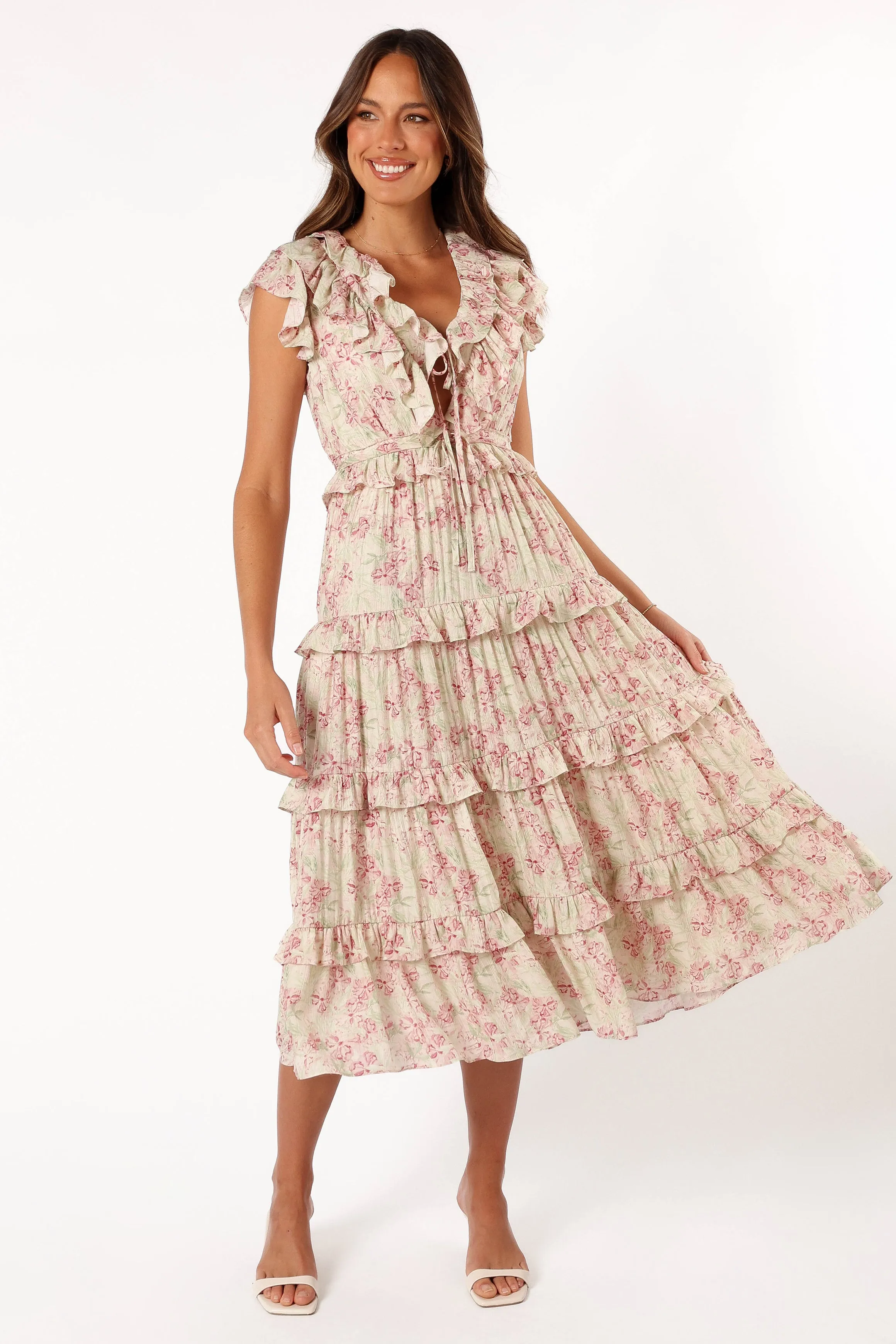Levelle Midi Ruffle Dress - Ivory/Red Green Floral sold by Petal & Pup