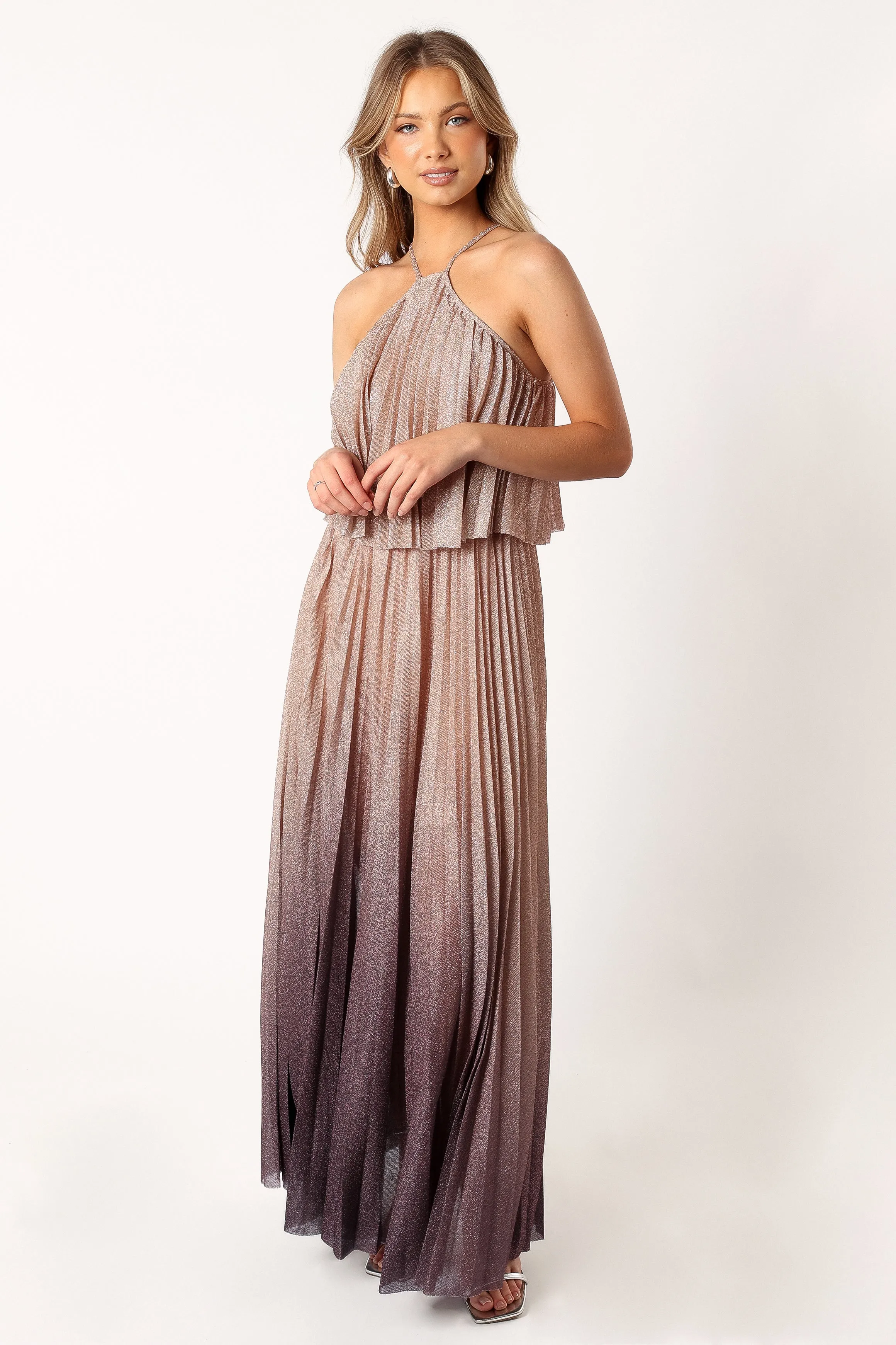 Gia Pleated Halterneck Maxi Dress - Gold Purple sold by Petal & Pup product image thumbnail 5