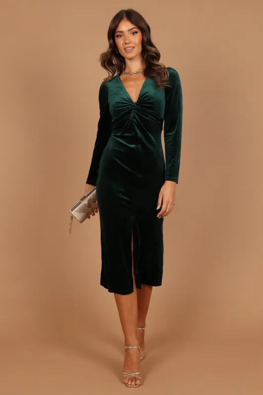 Lisse Twist Front Long Sleeve Velvet Midi Dress - Emerald sold by Petal & Pup