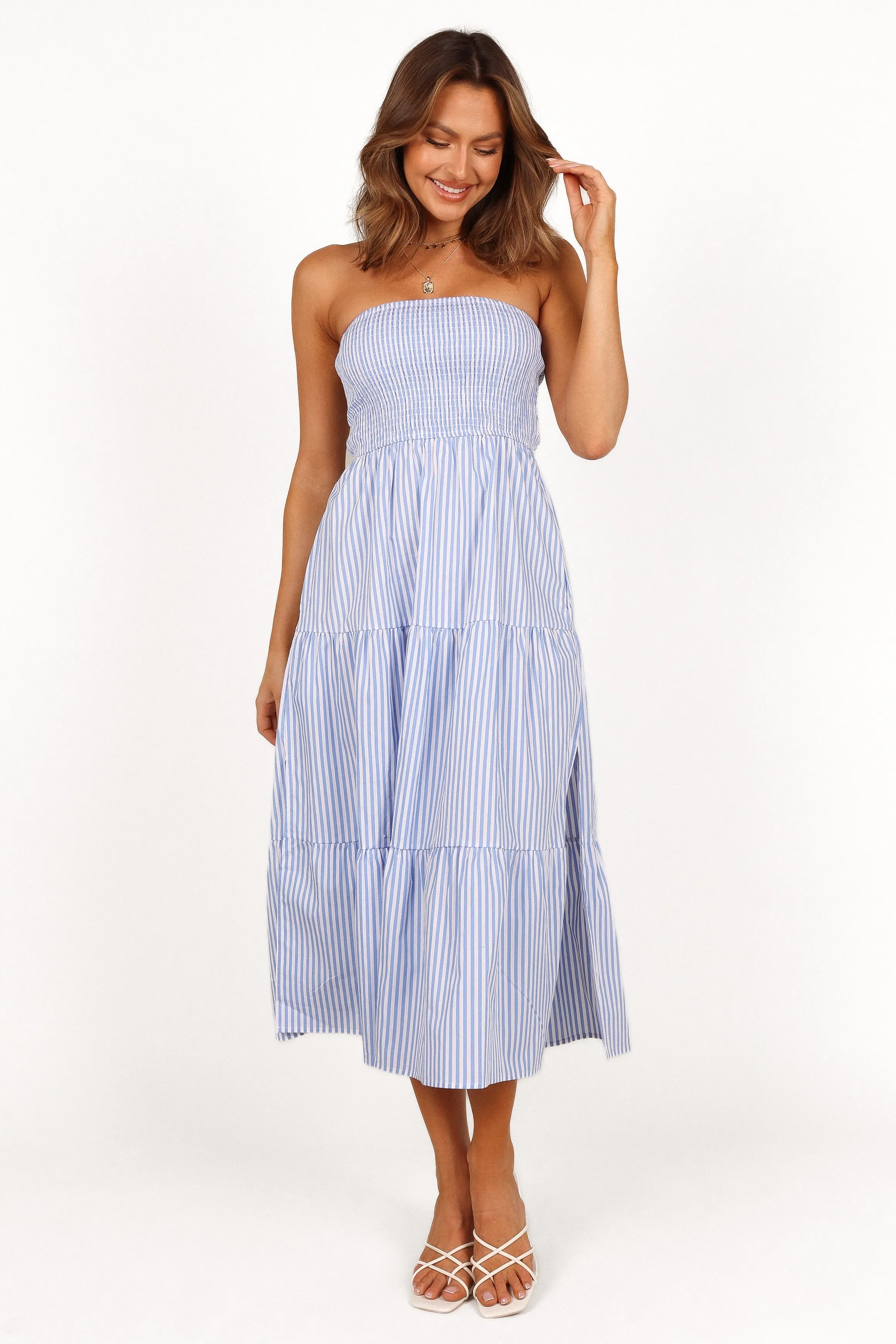 Maisie Strapless Midi Dress - Blue Stripe sold by Petal & Pup