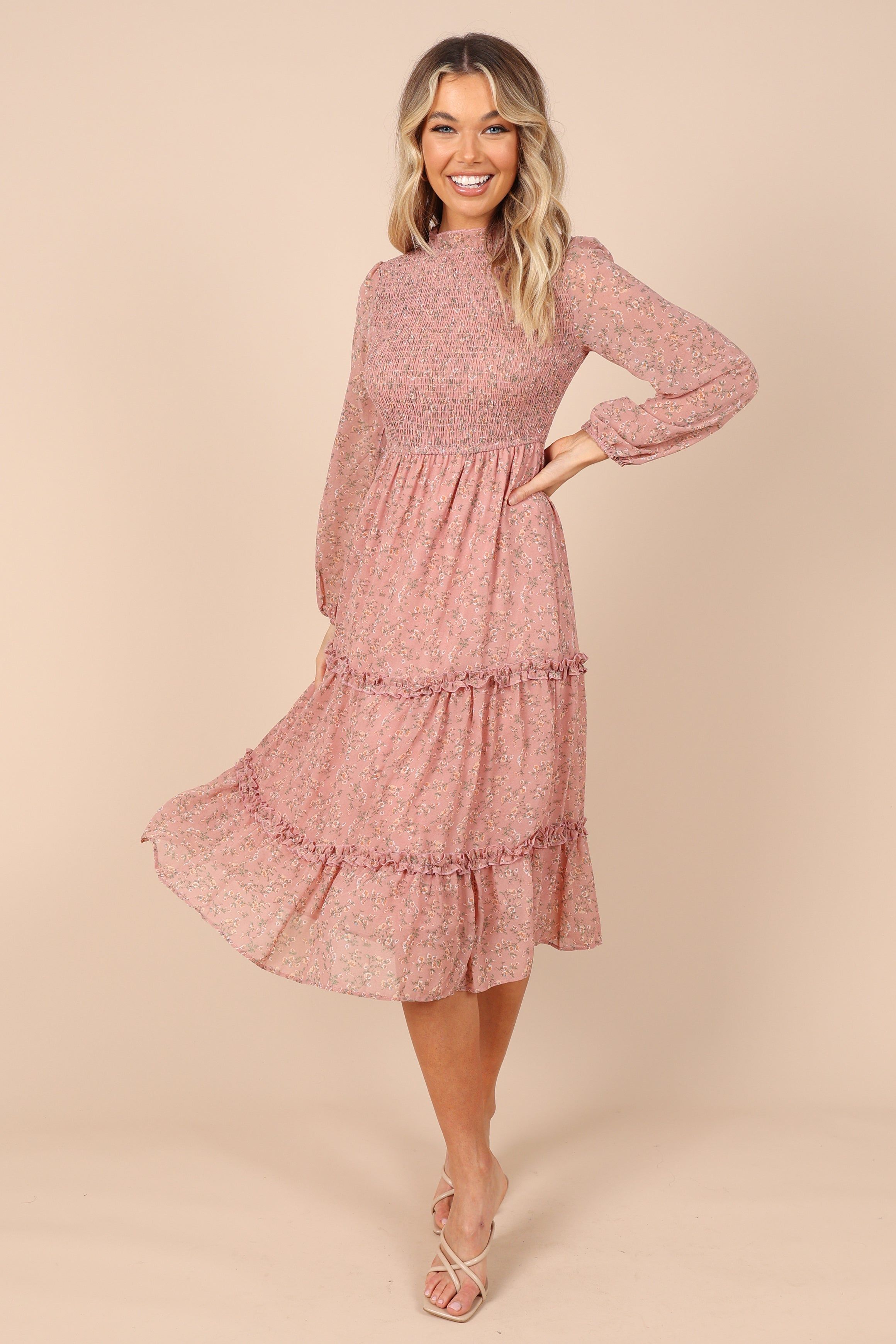 Edwina Shirred Frill Long Sleeve Midi Dress - Blush Floral sold by Petal & Pup