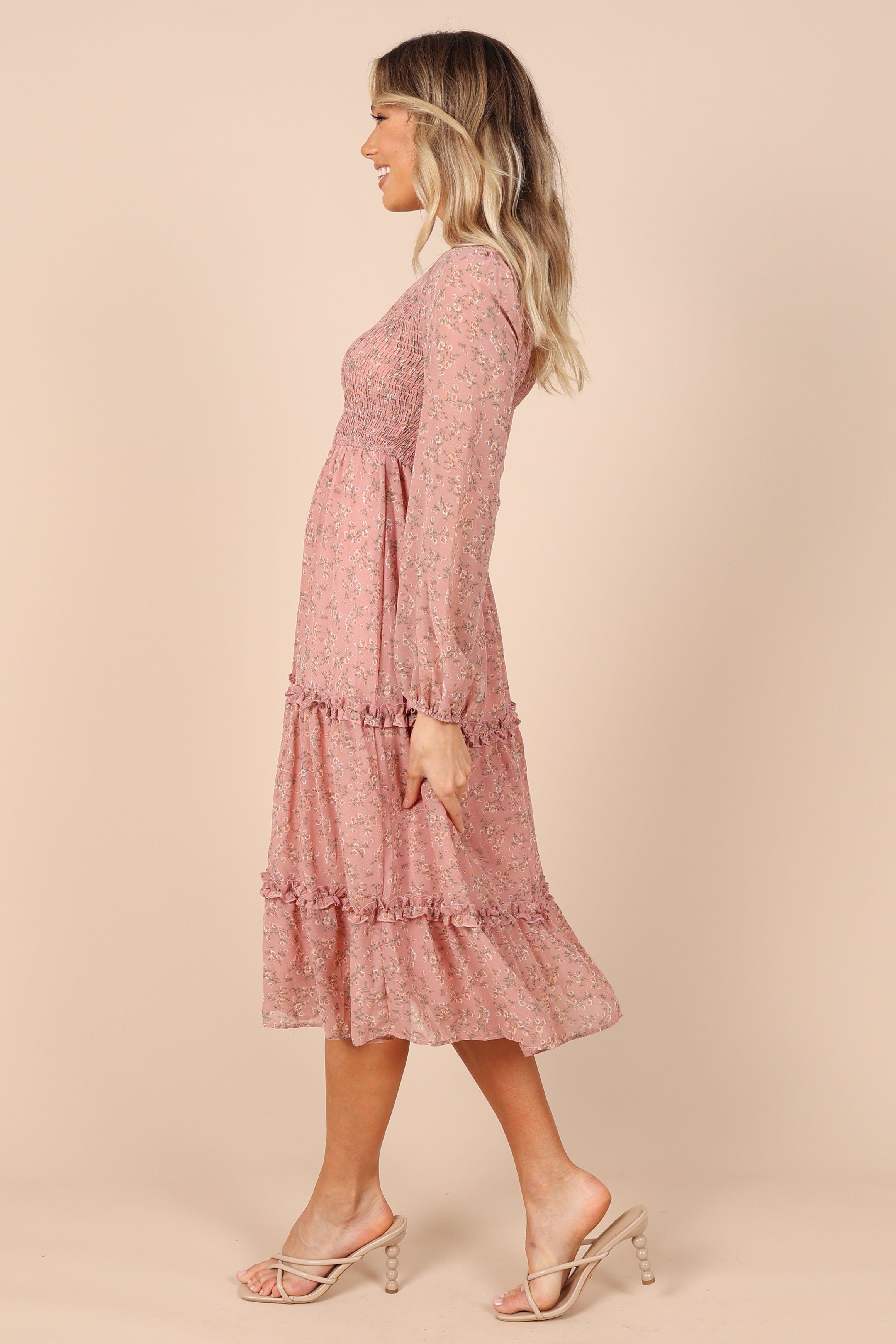 Edwina Shirred Frill Long Sleeve Midi Dress - Blush Floral sold by Petal & Pup product image thumbnail 4