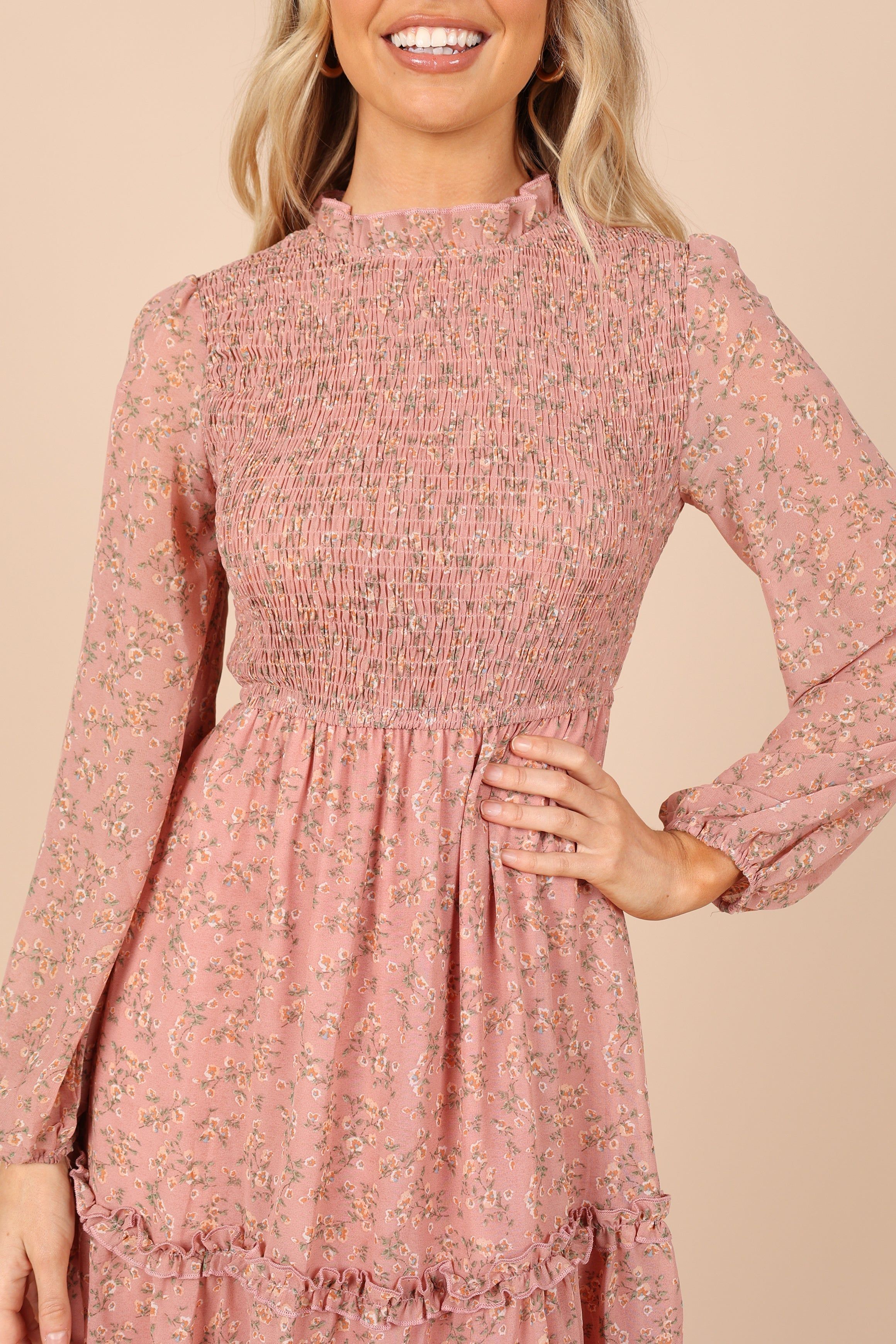 Edwina Shirred Frill Long Sleeve Midi Dress - Blush Floral sold by Petal & Pup product image thumbnail 3