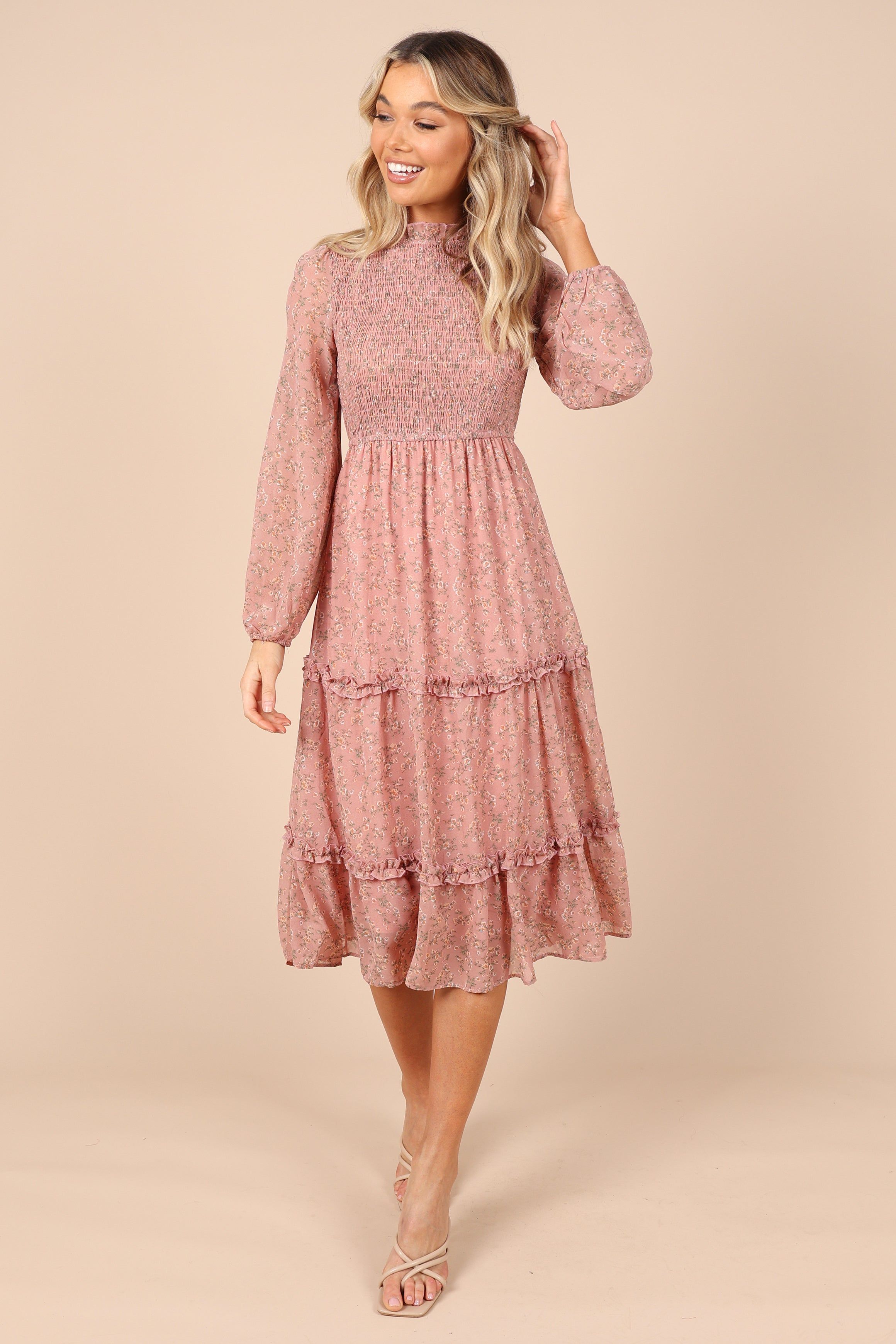 Edwina Shirred Frill Long Sleeve Midi Dress - Blush Floral sold by Petal & Pup product image thumbnail 6