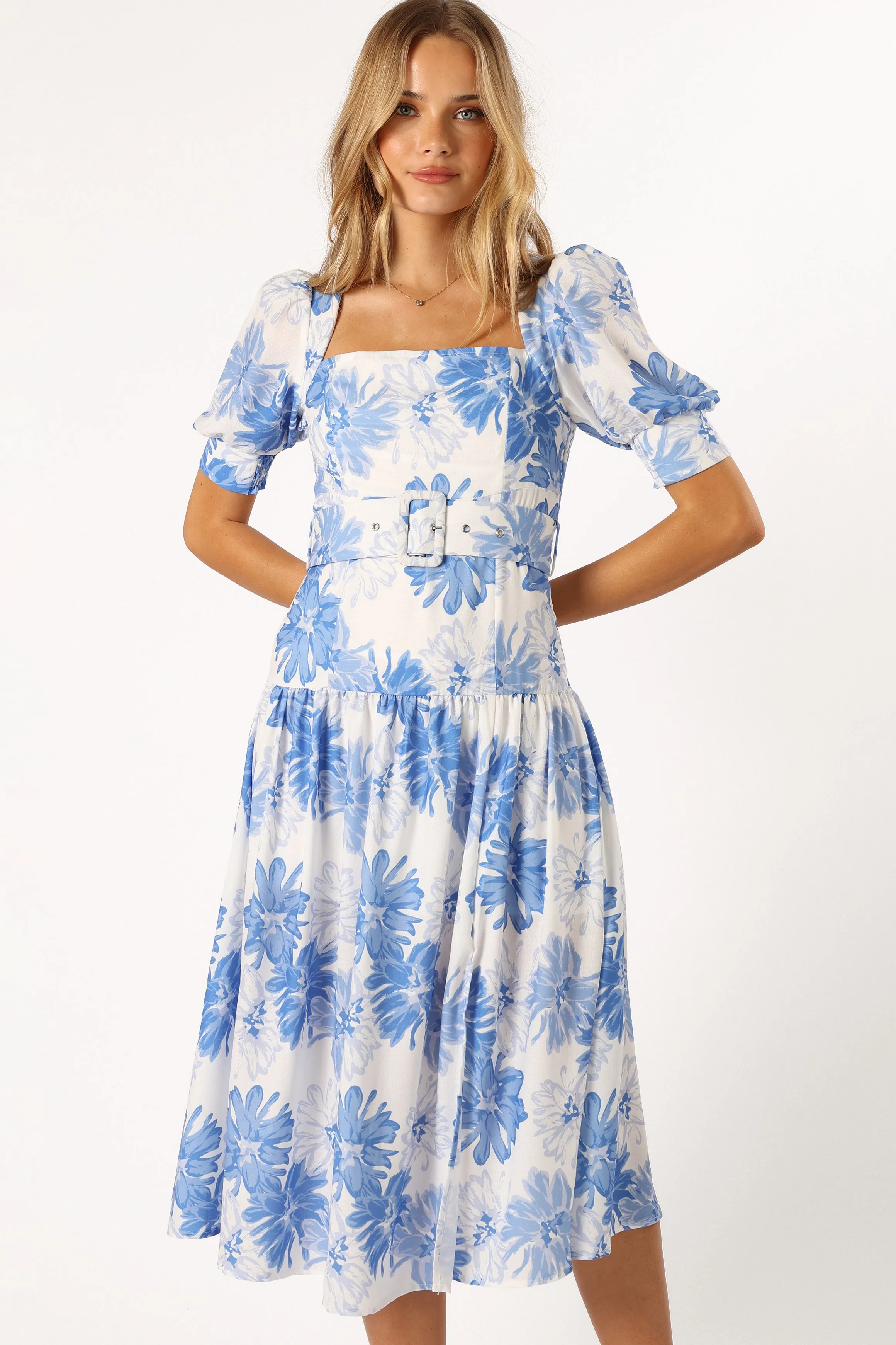 Magda Belted Midi Dress - Blue Floral sold by Petal & Pup
