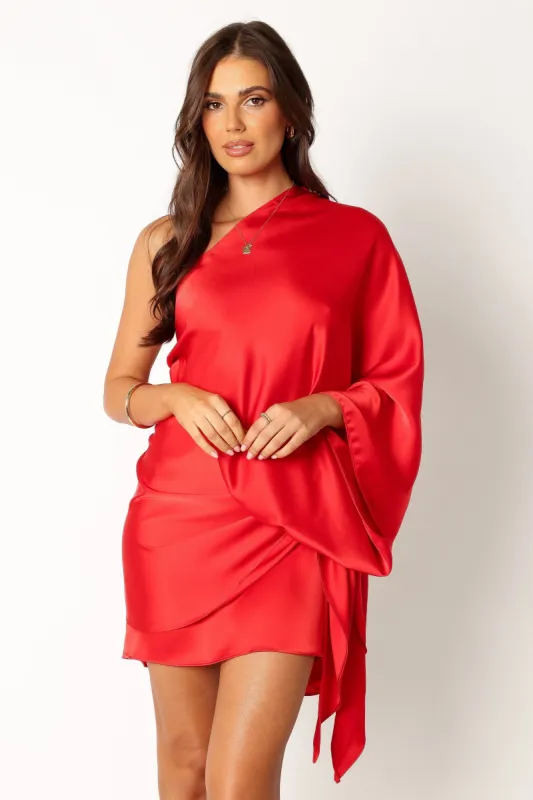 Carmen One Shoulder Mini Dress - Sunset Red sold by Petal & Pup