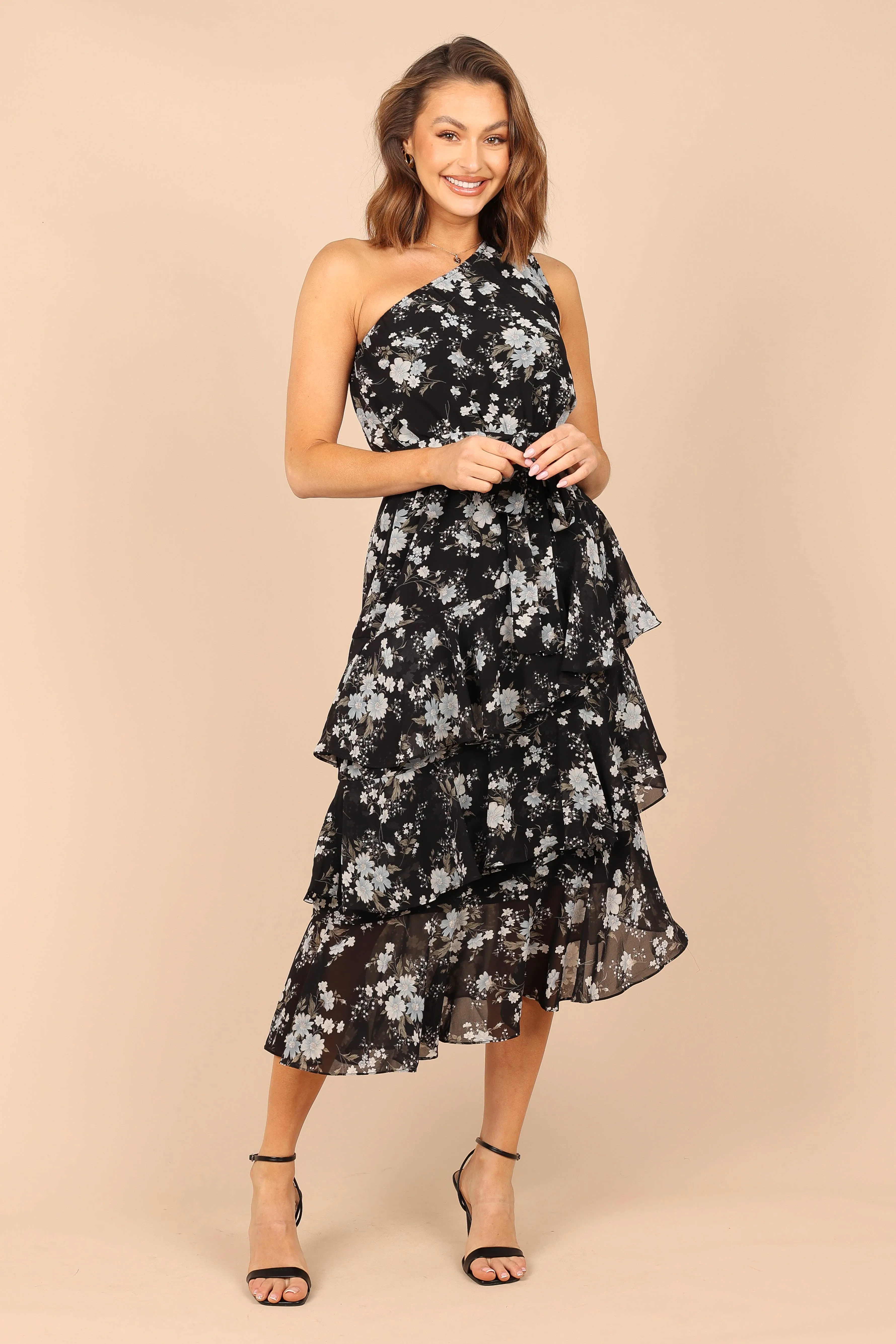 Brigette One Shoulder Tiered Midi Dress - Black Floral sold by Petal & Pup