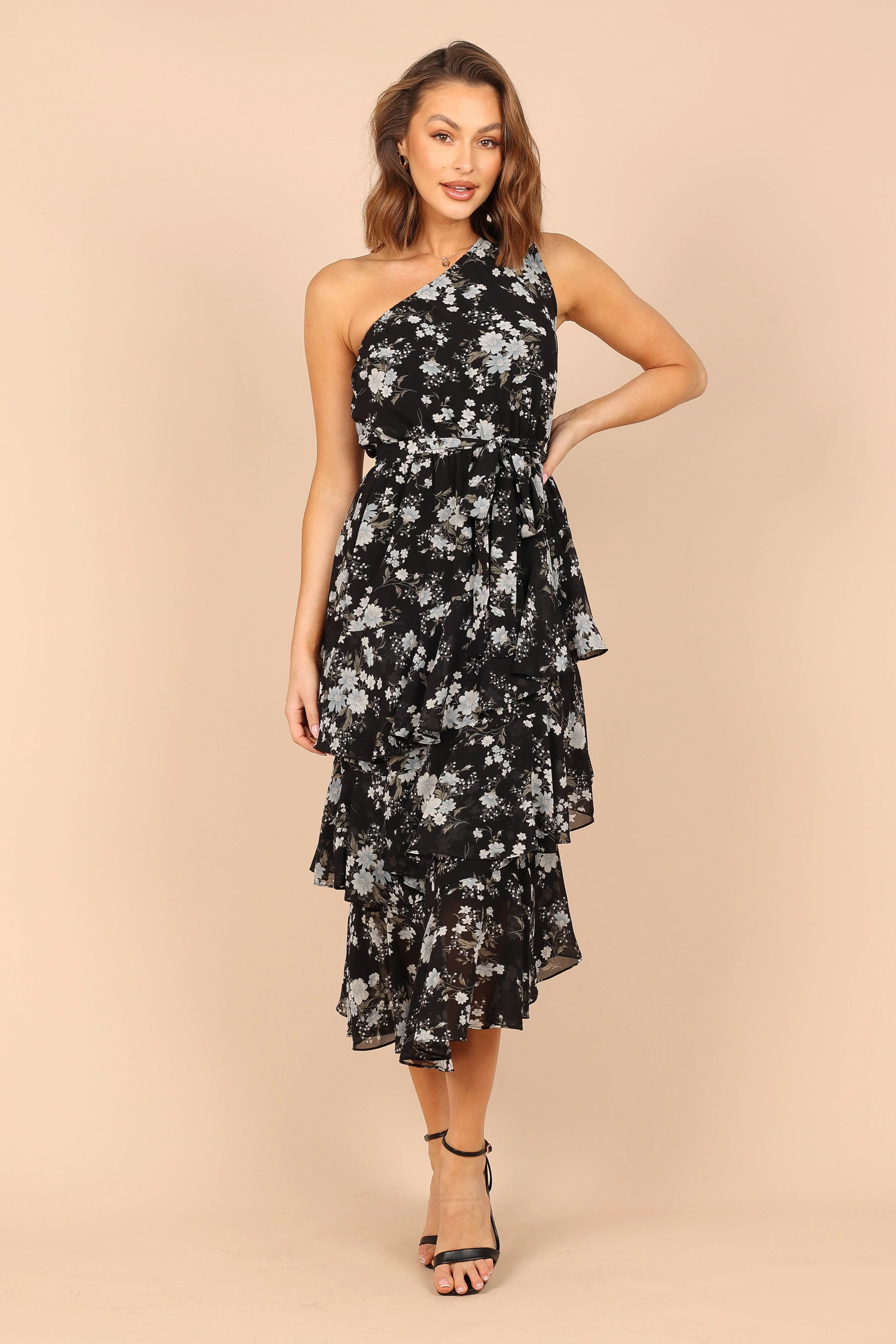 Brigette One Shoulder Tiered Midi Dress - Black Floral sold by Petal & Pup product image thumbnail 5