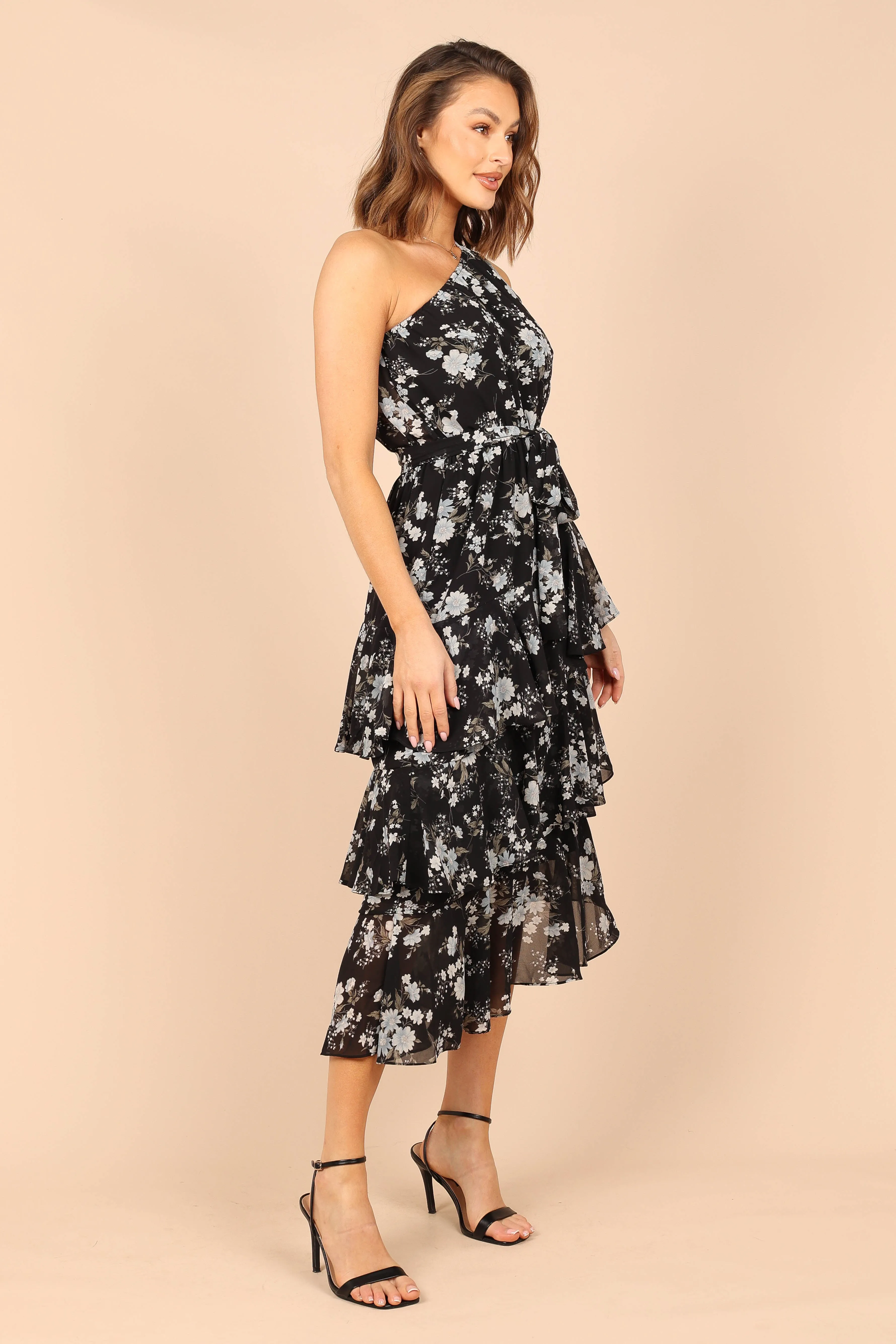 Brigette One Shoulder Tiered Midi Dress - Black Floral sold by Petal & Pup product image thumbnail 4