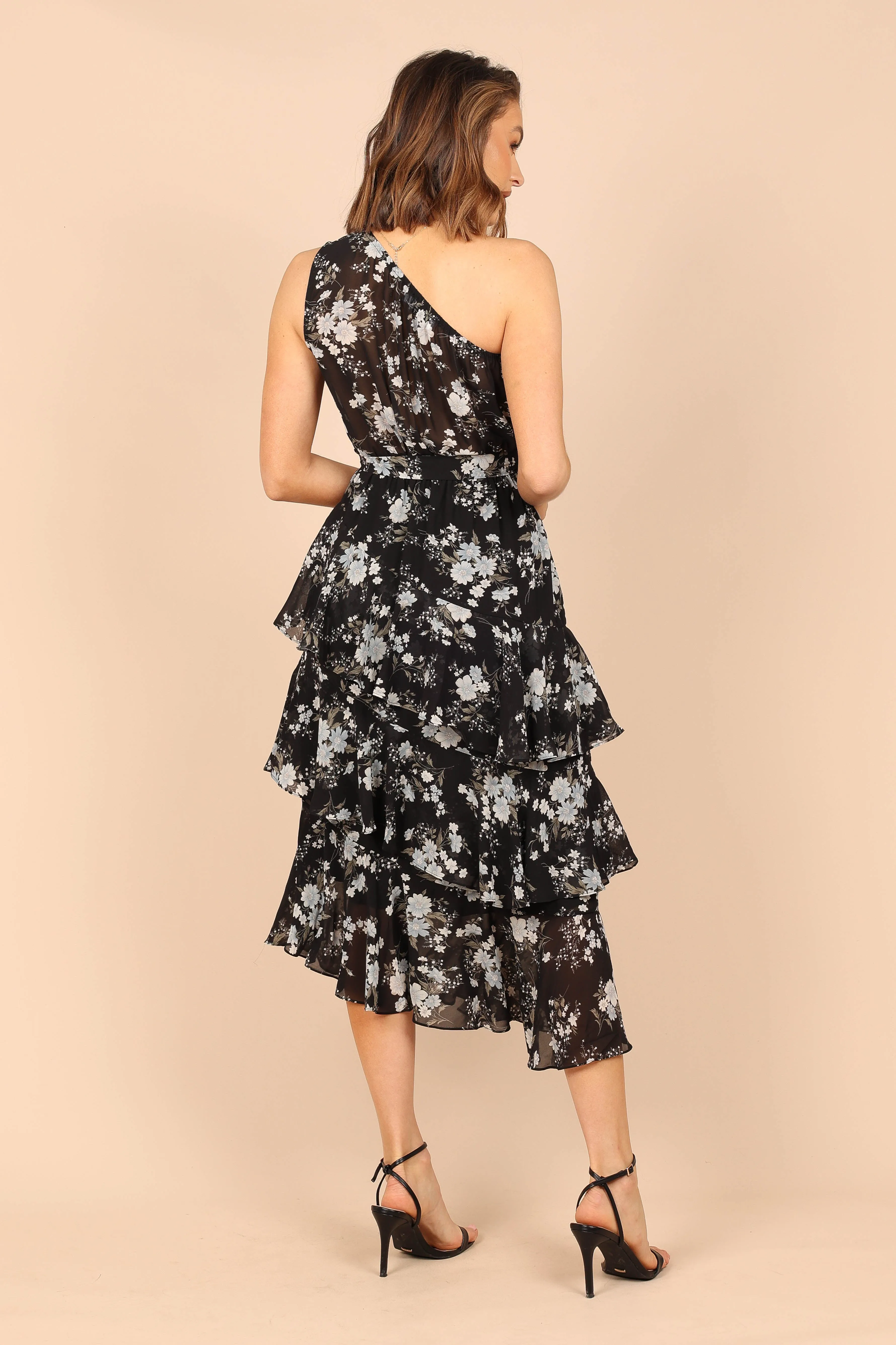 Brigette One Shoulder Tiered Midi Dress - Black Floral sold by Petal & Pup product image thumbnail 2
