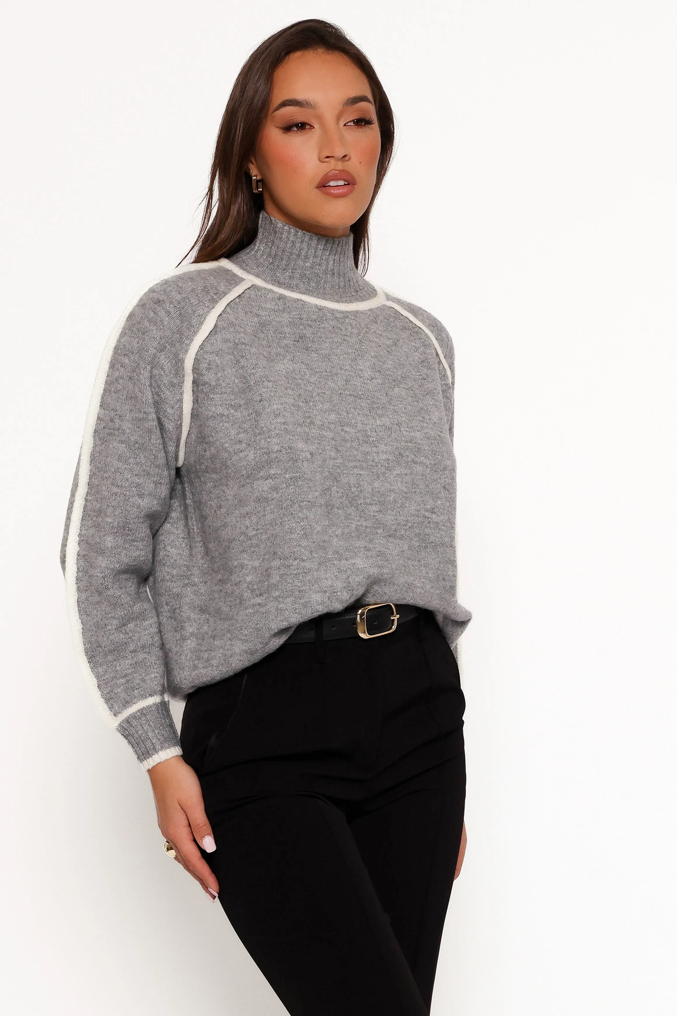 Rylee Contrast Hem Knit Sweater - Grey sold by Petal & Pup product image thumbnail 5