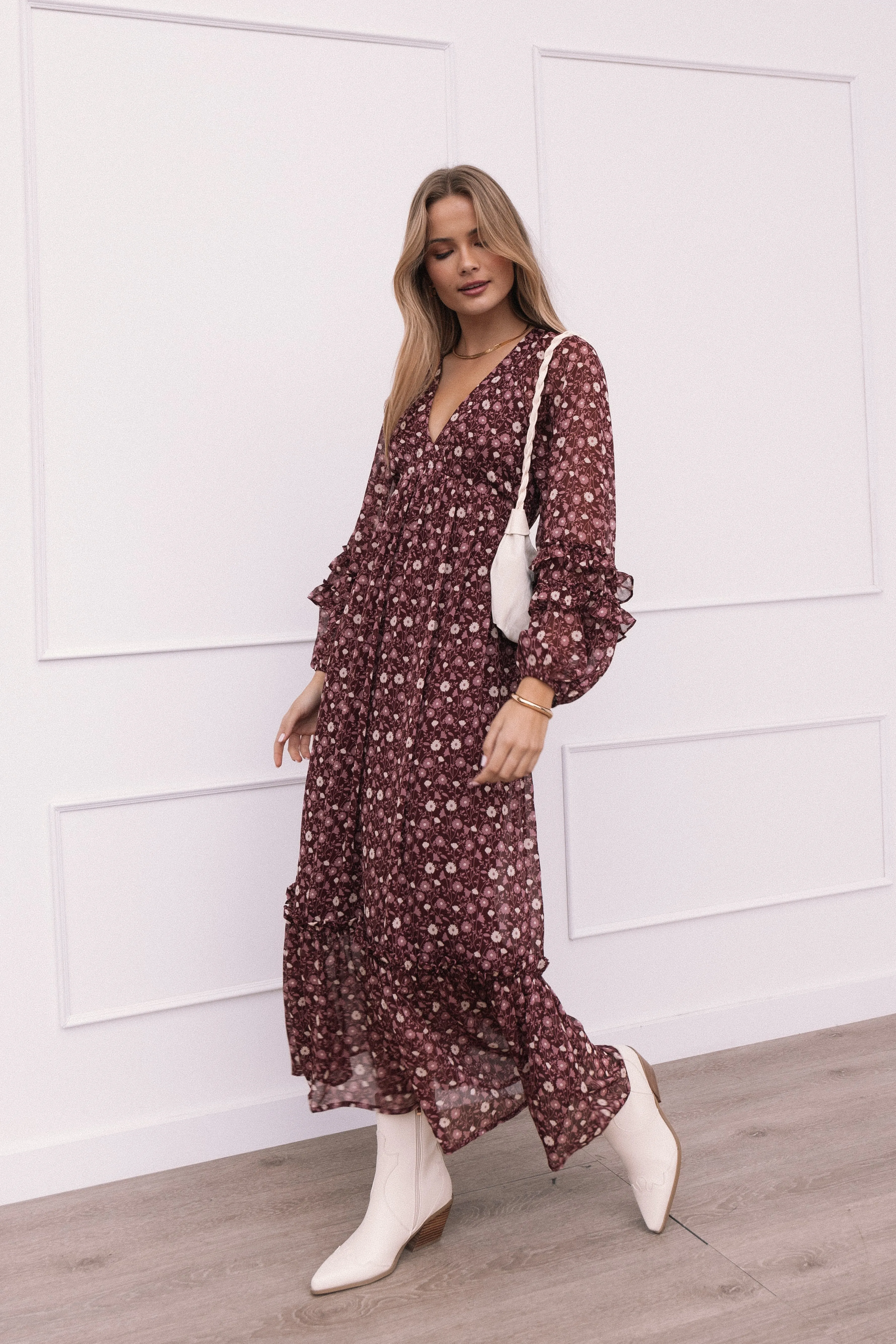 Evian Long Sleeve Maxi Dress - Burgundy Multi sold by Petal & Pup product image thumbnail 2