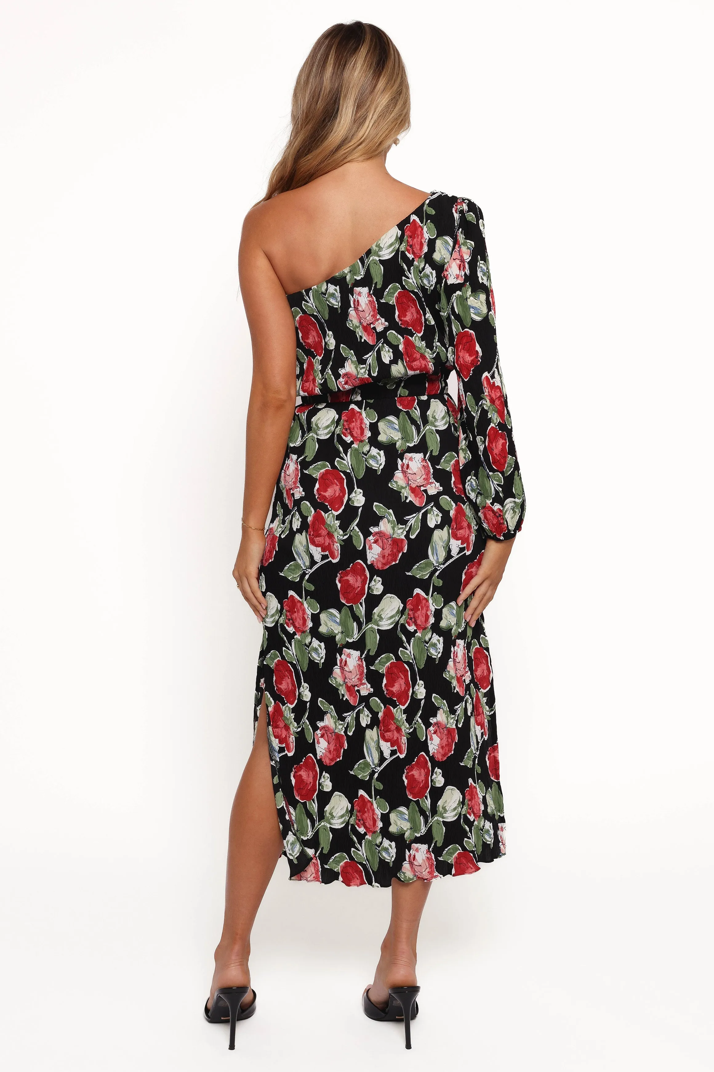 Pontee One Shoulder Pleated Midi Dress - Black Rose Print sold by Petal & Pup product image thumbnail 4