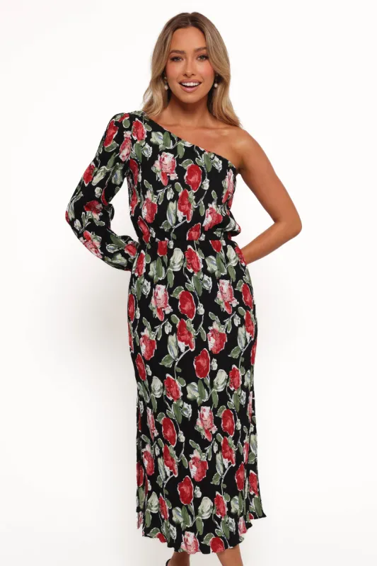 Pontee One Shoulder Pleated Midi Dress - Black Rose Print sold by Petal & Pup