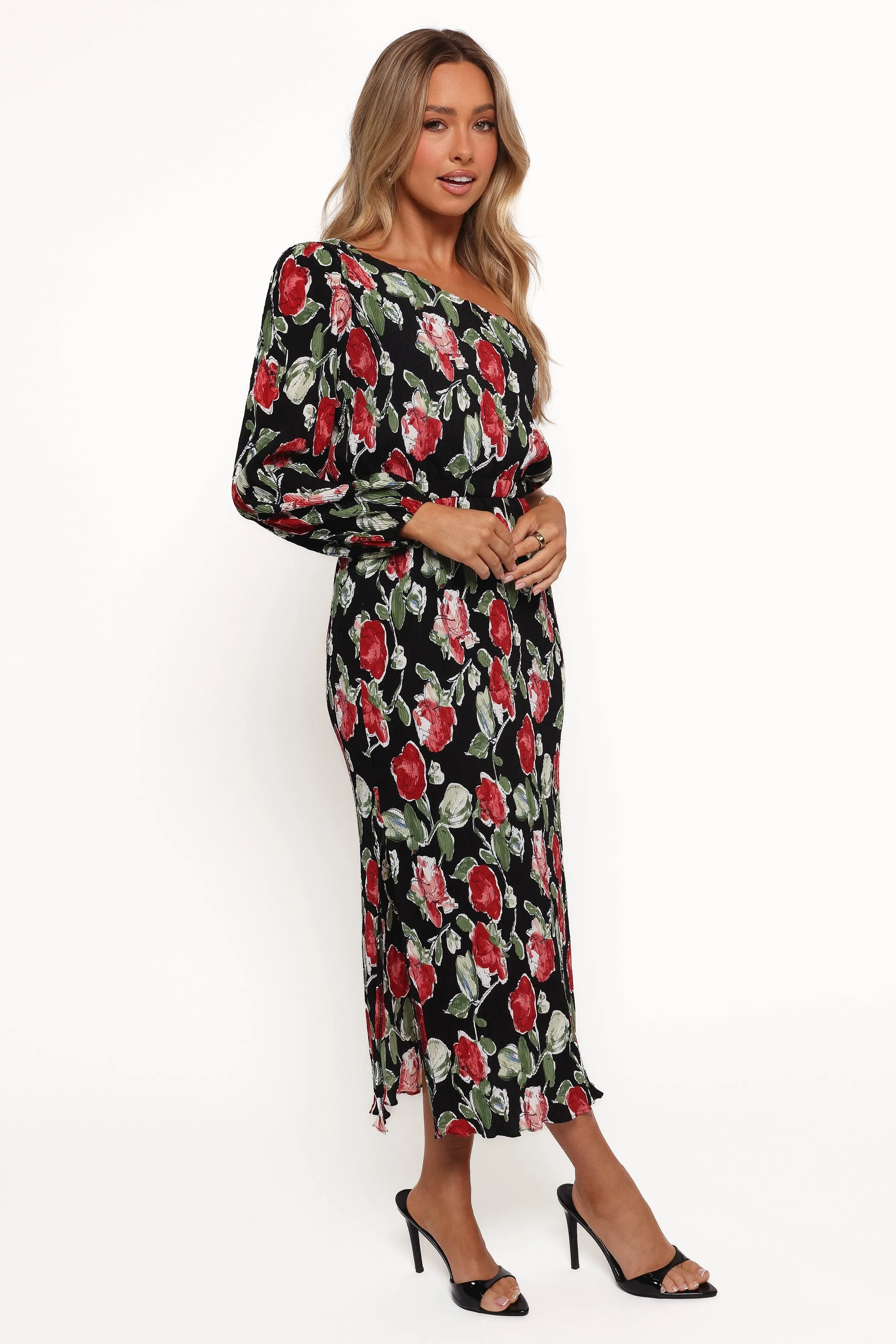 Pontee One Shoulder Pleated Midi Dress - Black Rose Print sold by Petal & Pup product image thumbnail 5