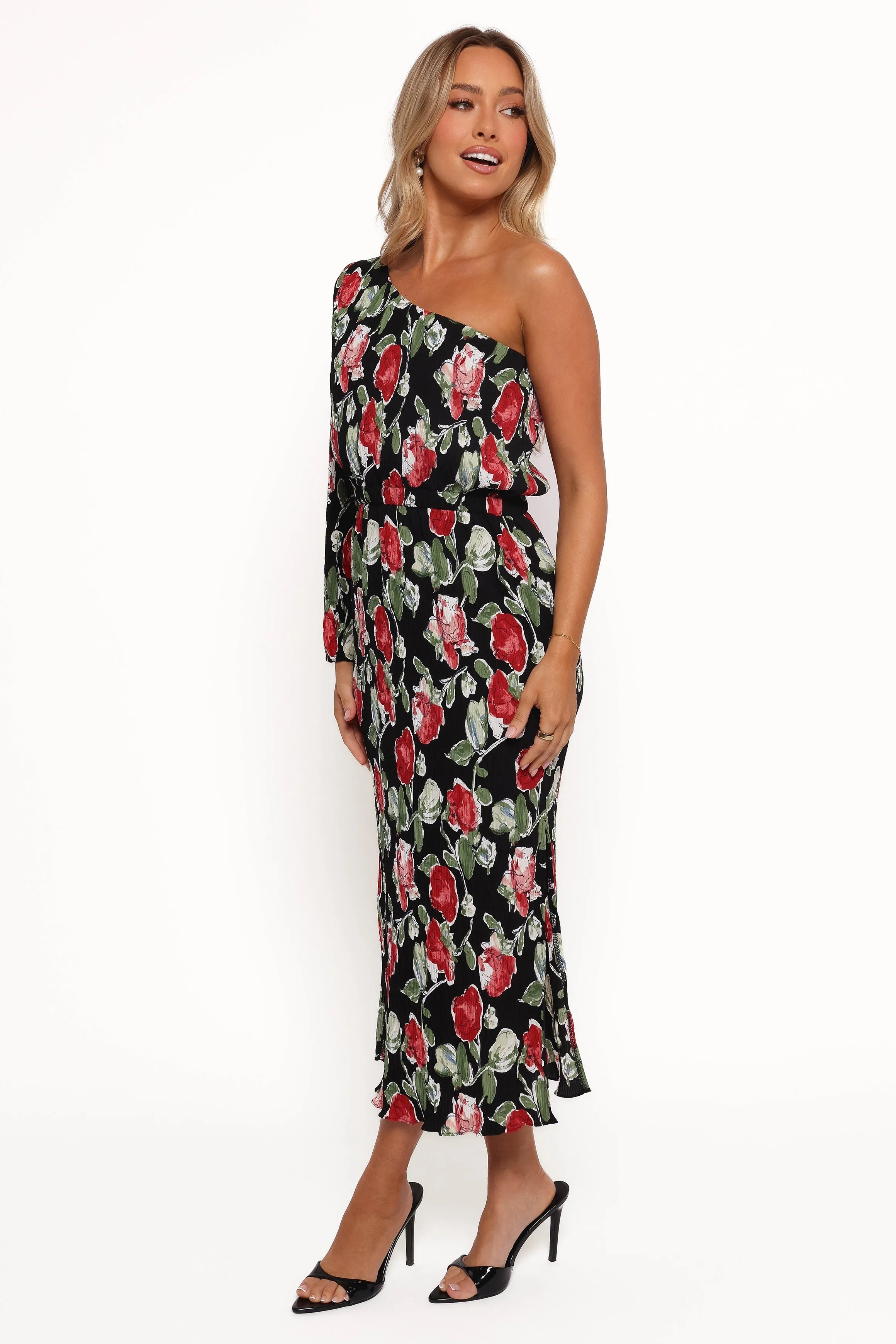 Pontee One Shoulder Pleated Midi Dress - Black Rose Print sold by Petal & Pup product image thumbnail 3