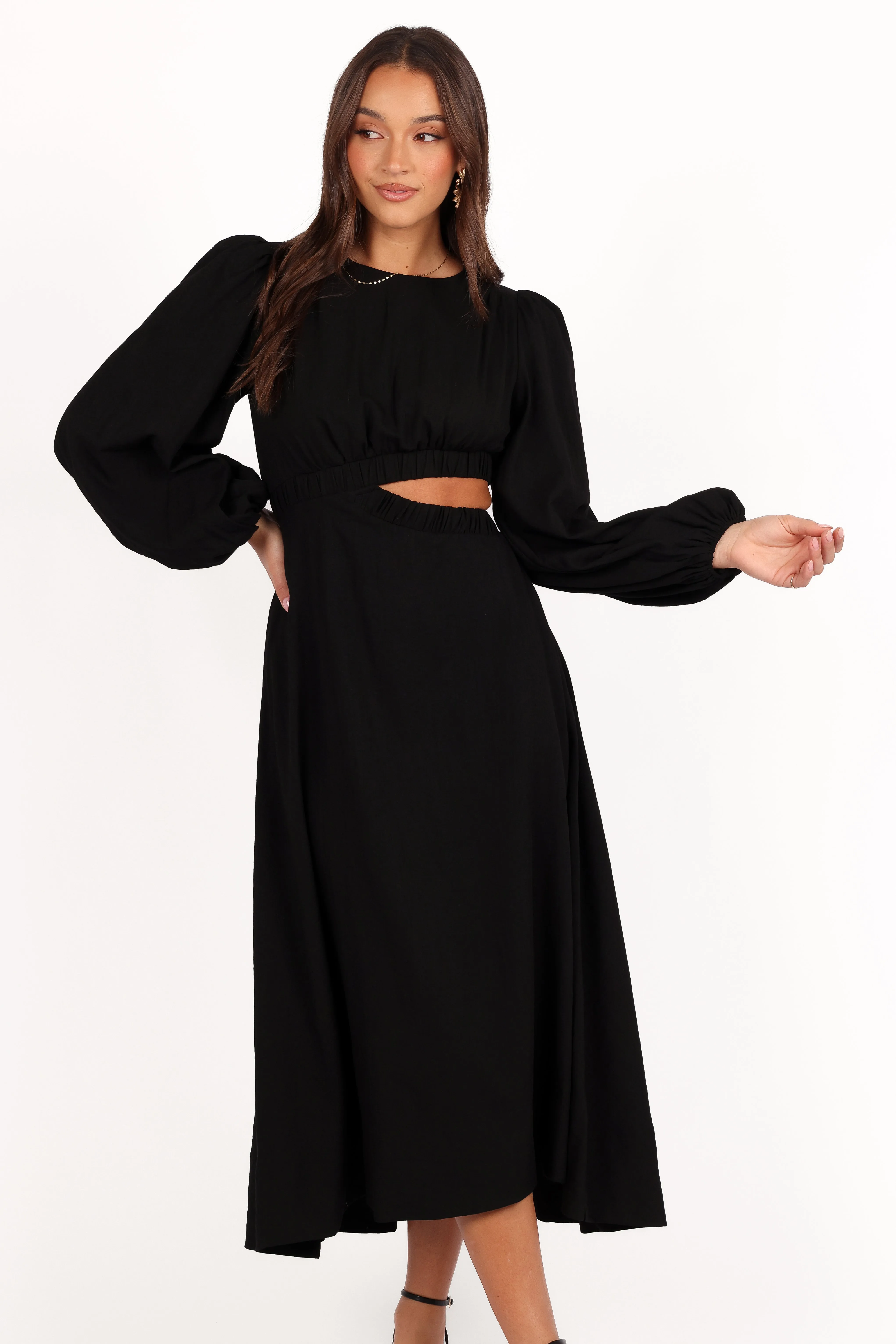 Ginnee Puff Sleeve Cutout Midi Dress - Black sold by Petal & Pup