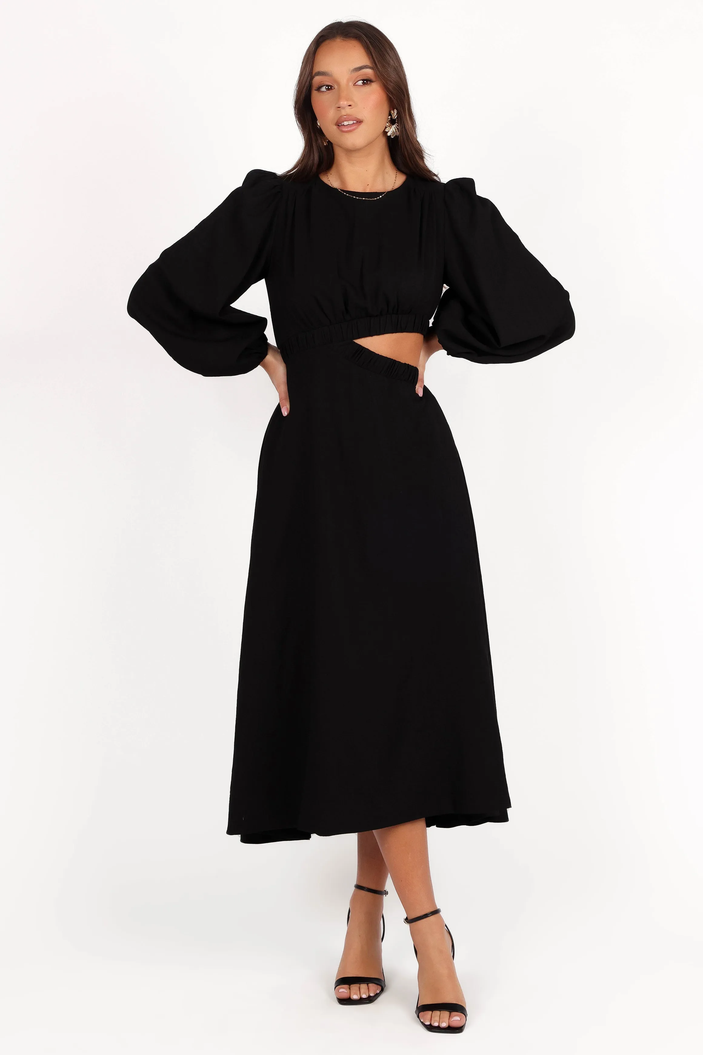 Ginnee Puff Sleeve Cutout Midi Dress - Black sold by Petal & Pup product image thumbnail 2
