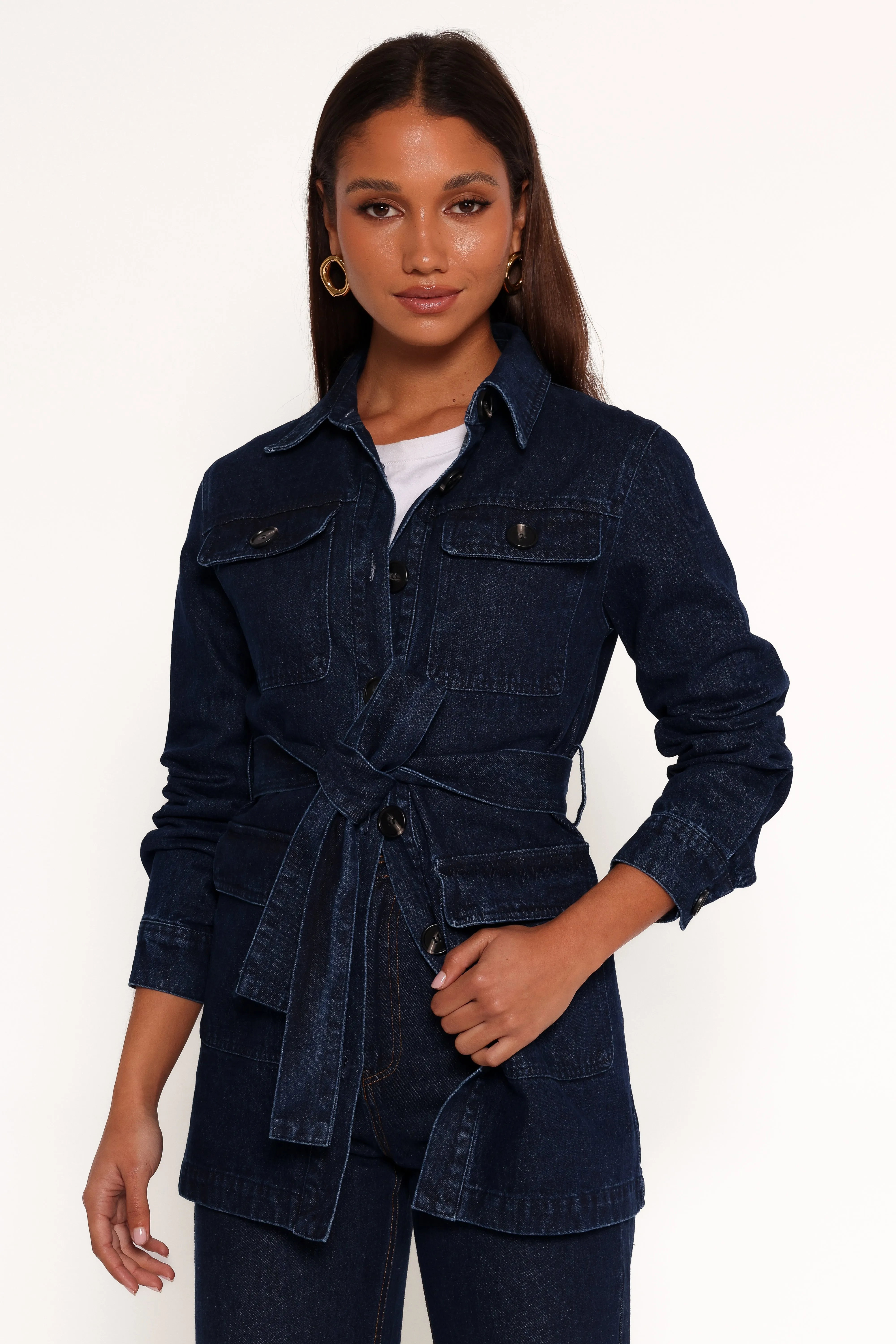 Nadine Tie Waist Button Front Jacket - Denim sold by Petal & Pup