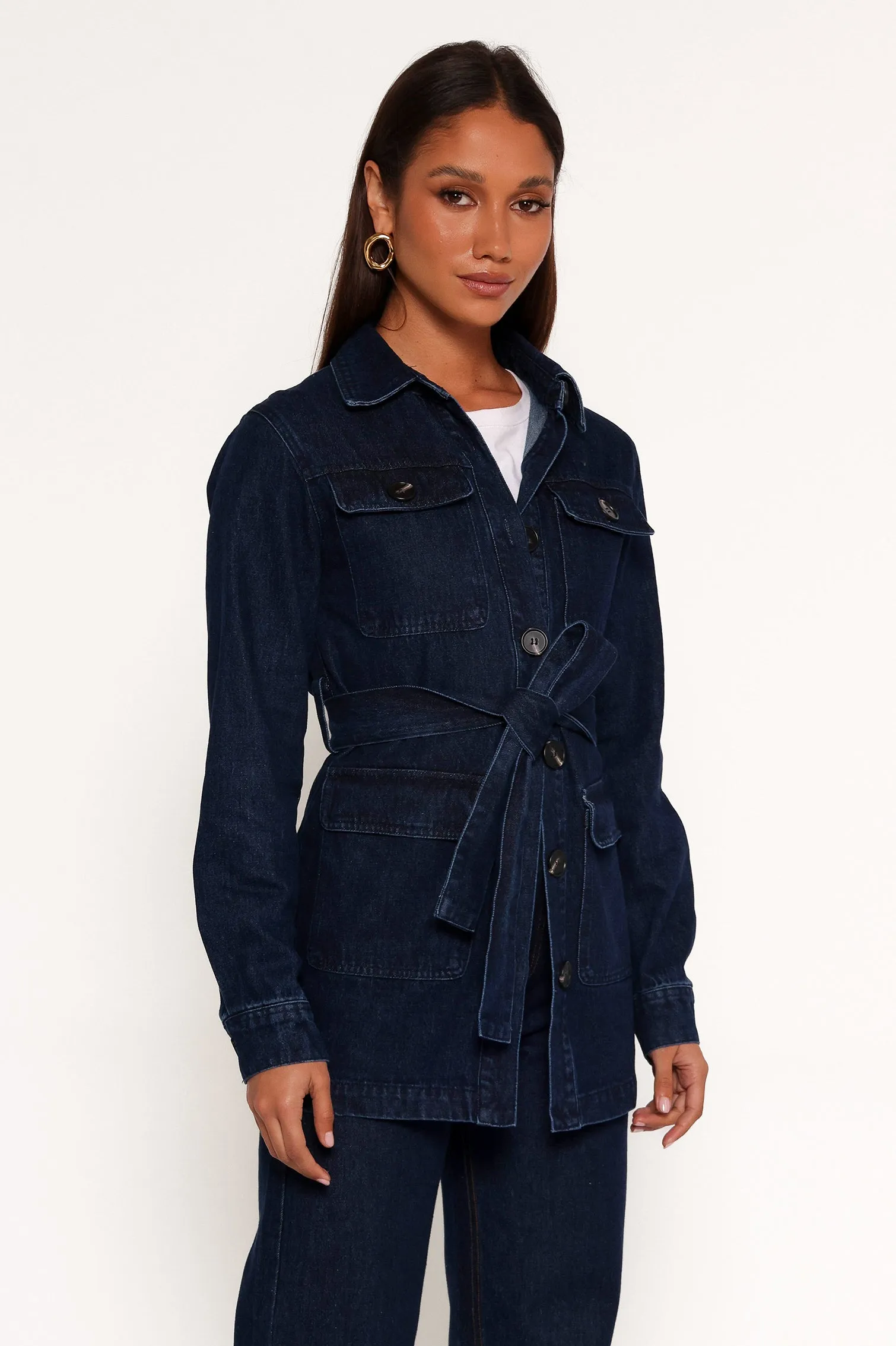 Nadine Tie Waist Button Front Jacket - Denim sold by Petal & Pup product image thumbnail 5