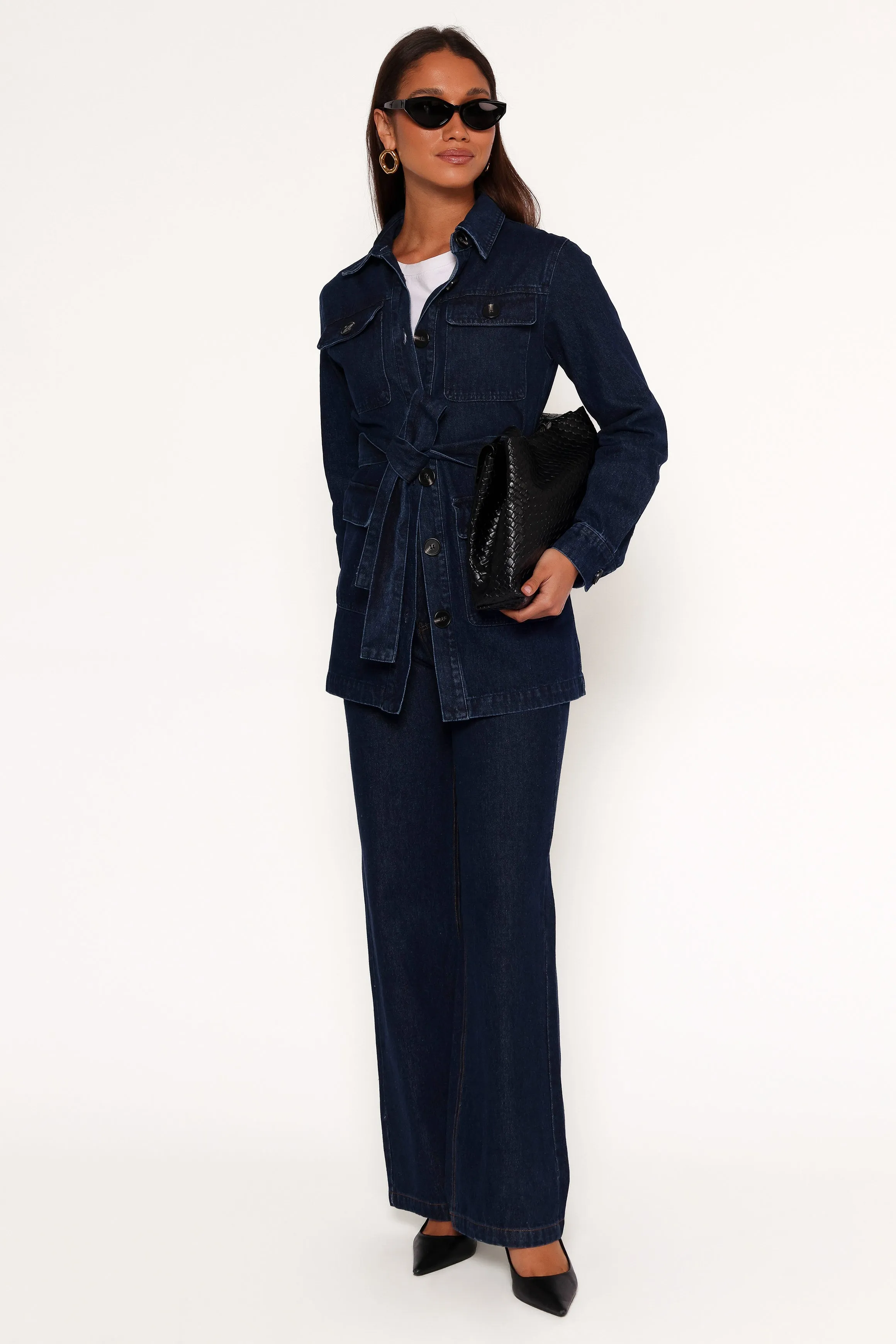 Nadine Tie Waist Button Front Jacket - Denim sold by Petal & Pup product image thumbnail 2