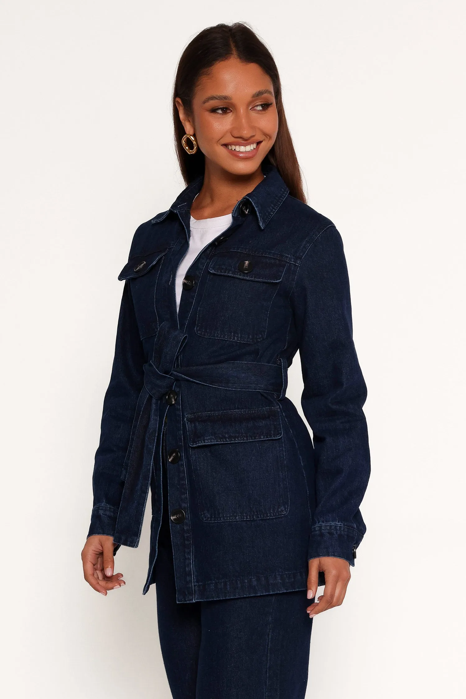 Nadine Tie Waist Button Front Jacket - Denim sold by Petal & Pup product image thumbnail 3