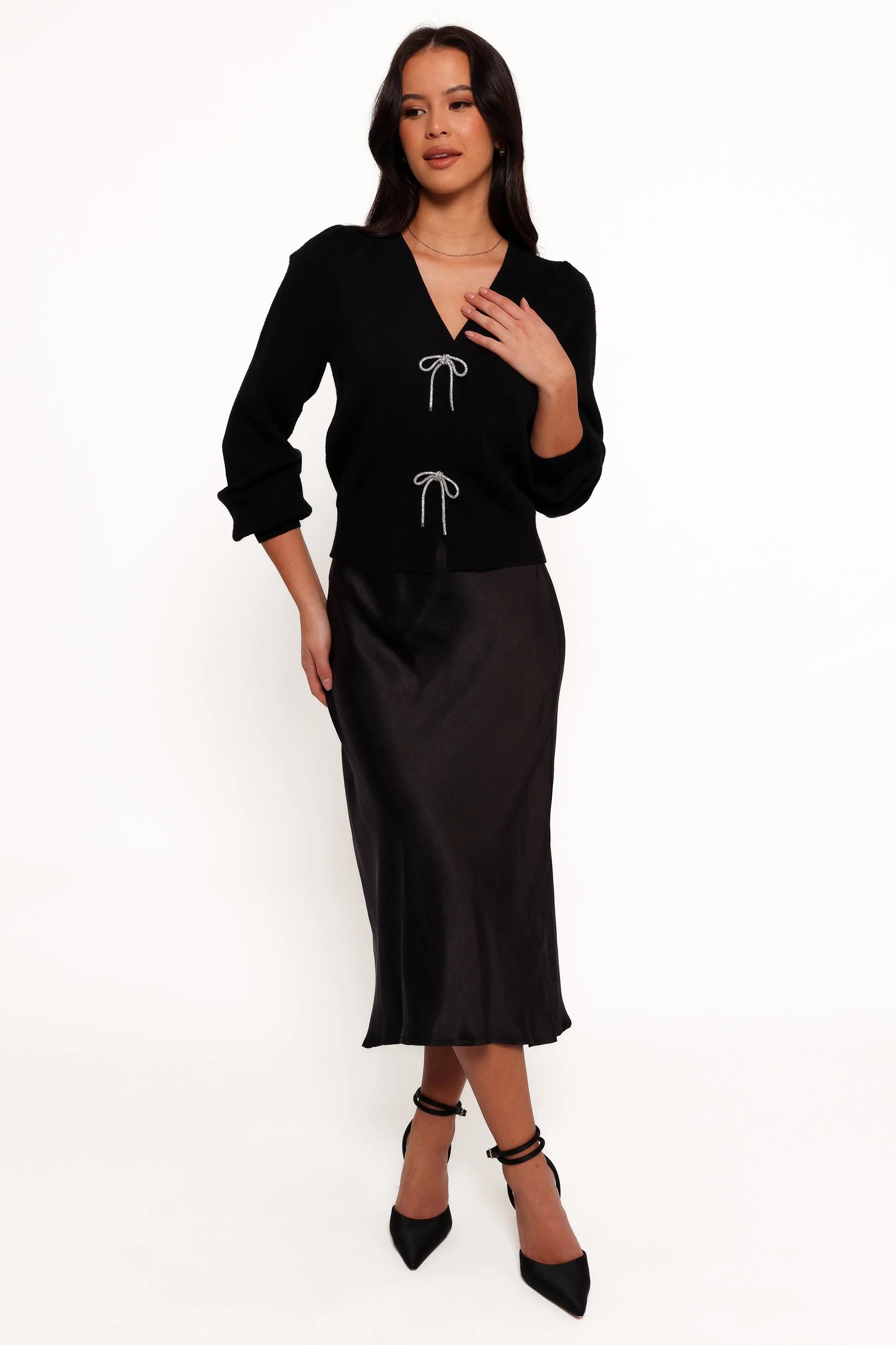 Brayley Long Puff Sleeve Ribbon Trim Cardigan - Black sold by Petal & Pup product image thumbnail 2