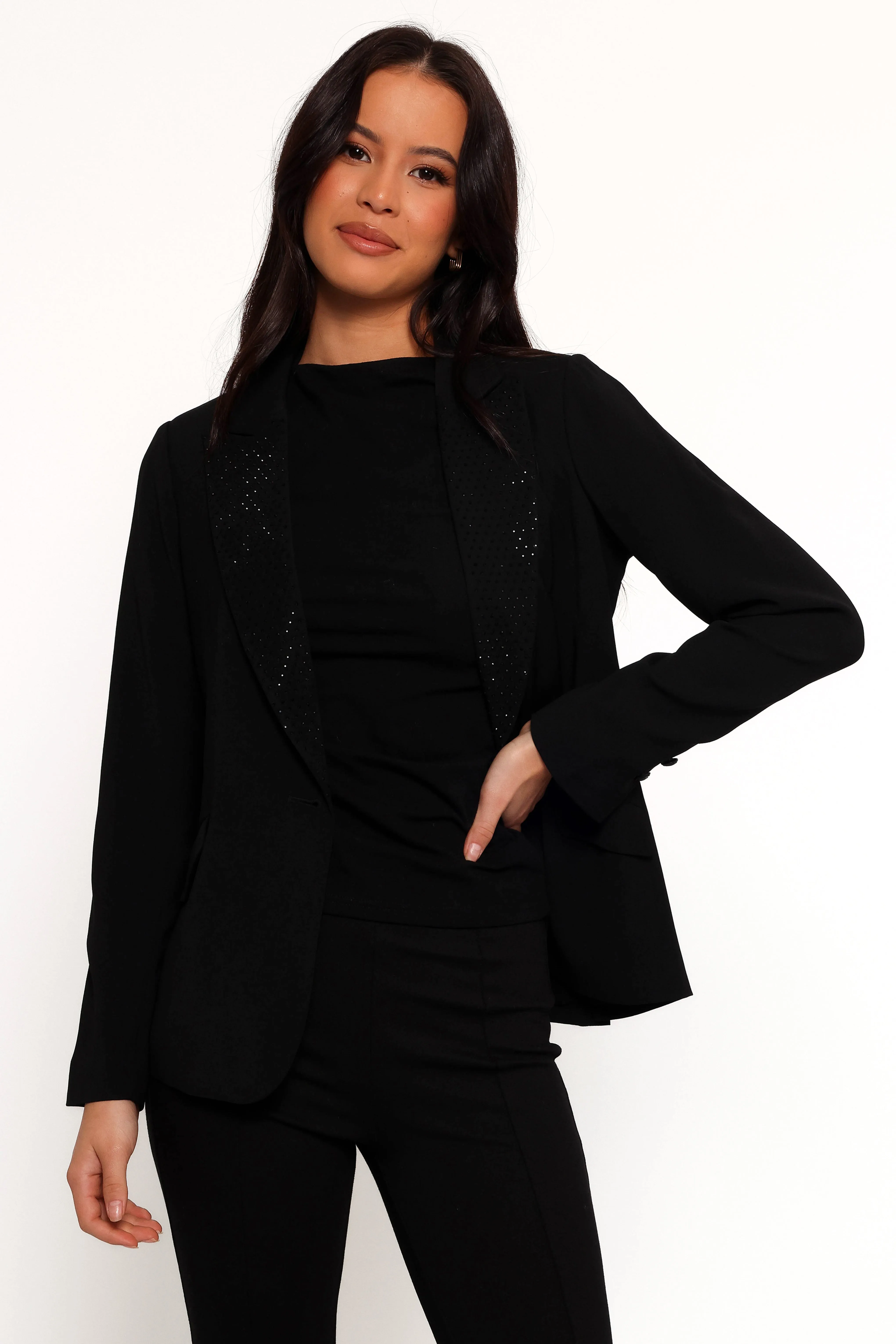 Luda Rhinestone Collar Single Button Blazer - Black sold by Petal & Pup product image thumbnail 3