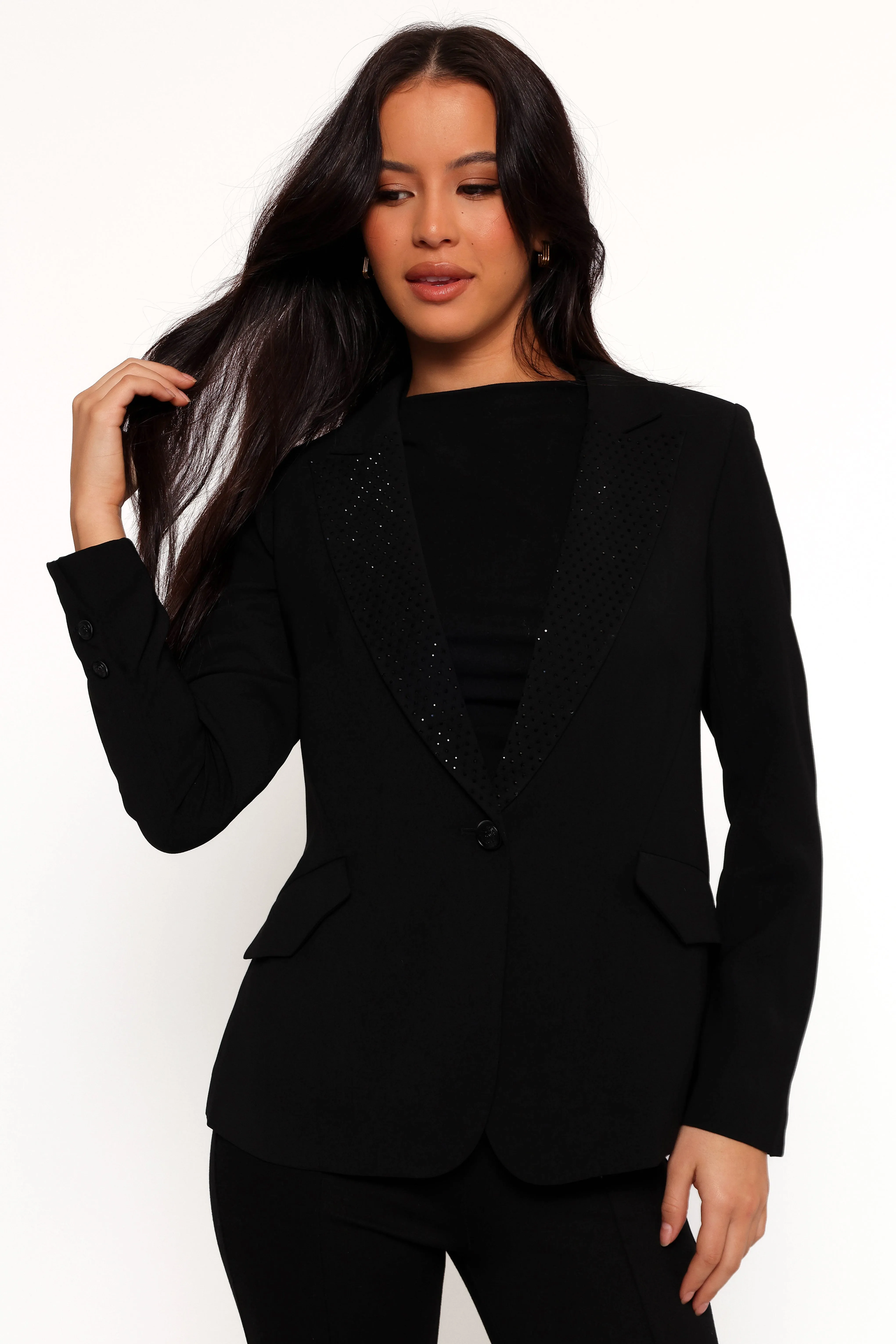 Luda Rhinestone Collar Single Button Blazer - Black sold by Petal & Pup