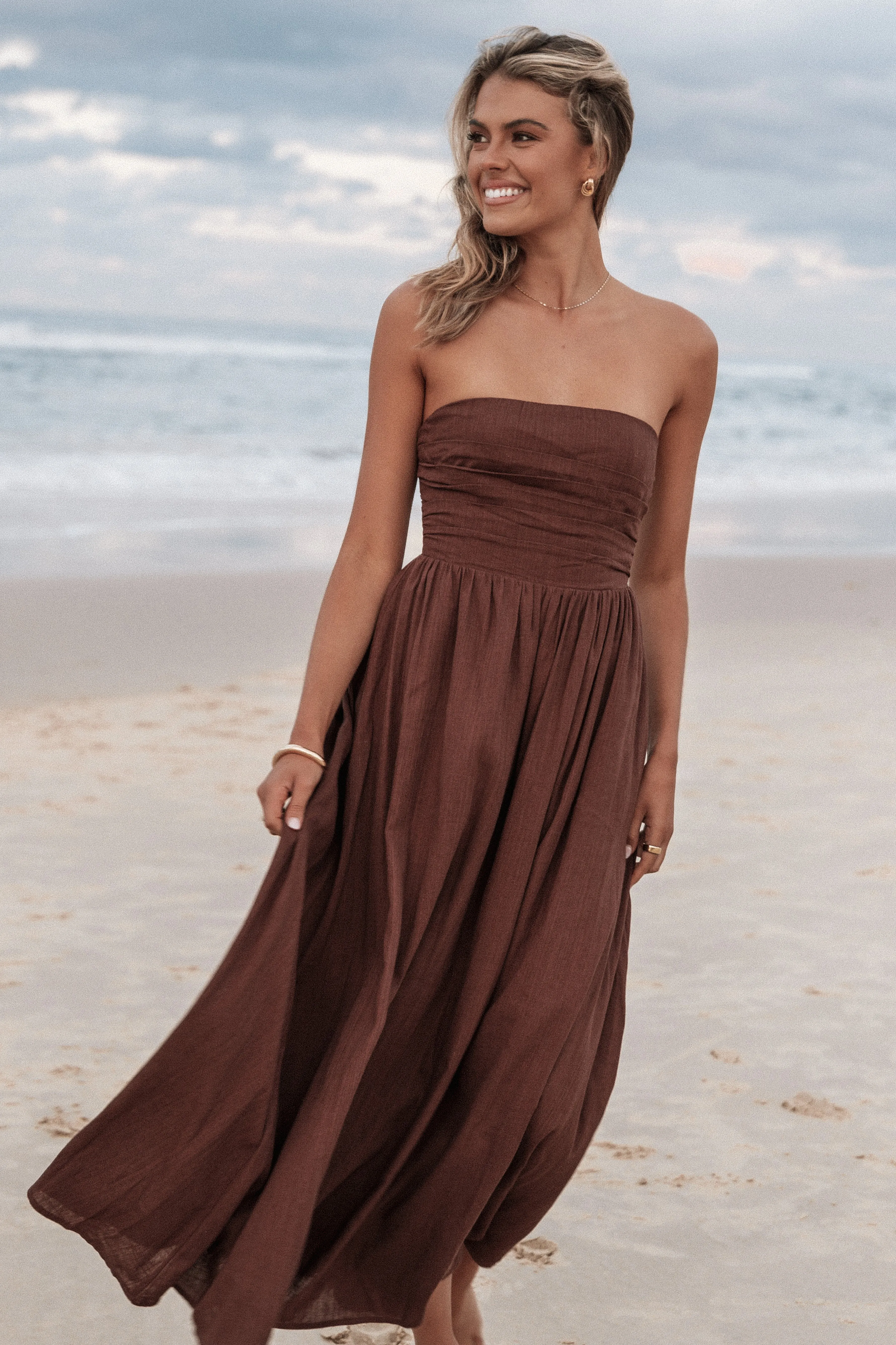 Kayt Strapless Dress - Chocolate Brown sold by Petal & Pup