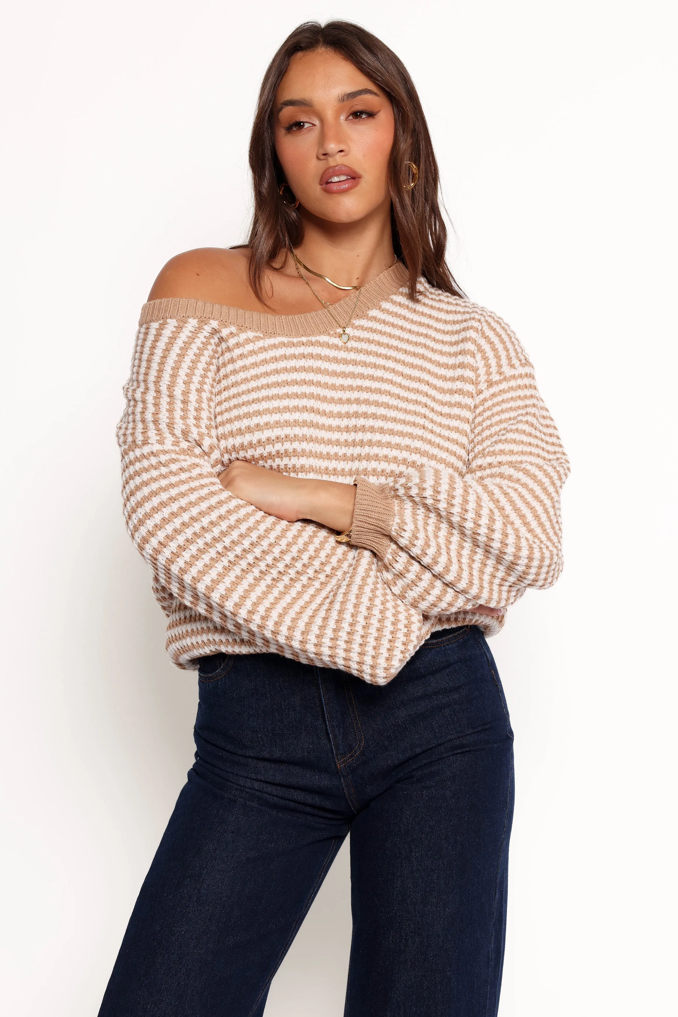 Becca Crewneck Waffle Stitch Stripe Knit Sweater - Tan sold by Petal & Pup product image thumbnail 3