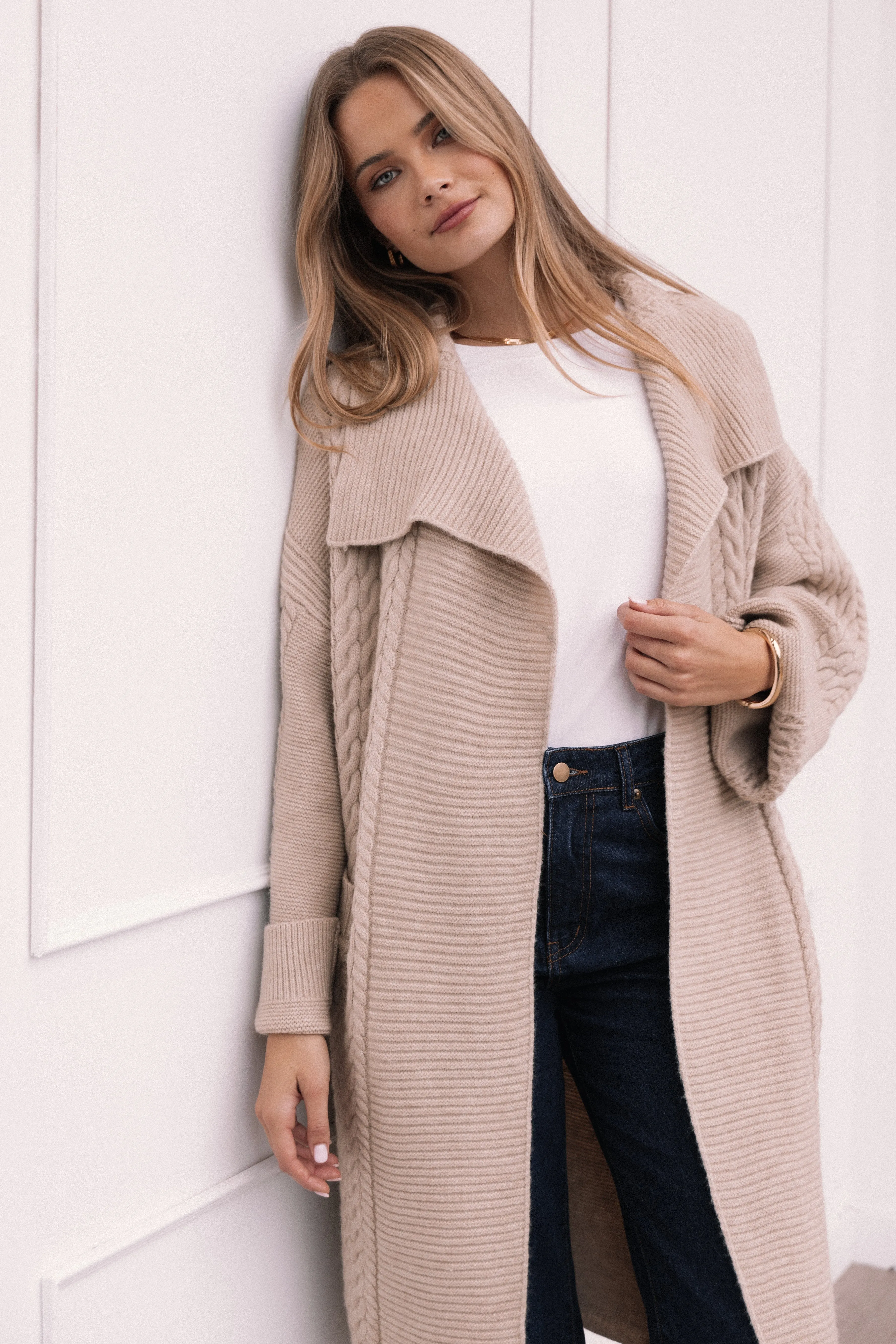 Soma Oversized Open Front Cardigan - Beige sold by Petal & Pup