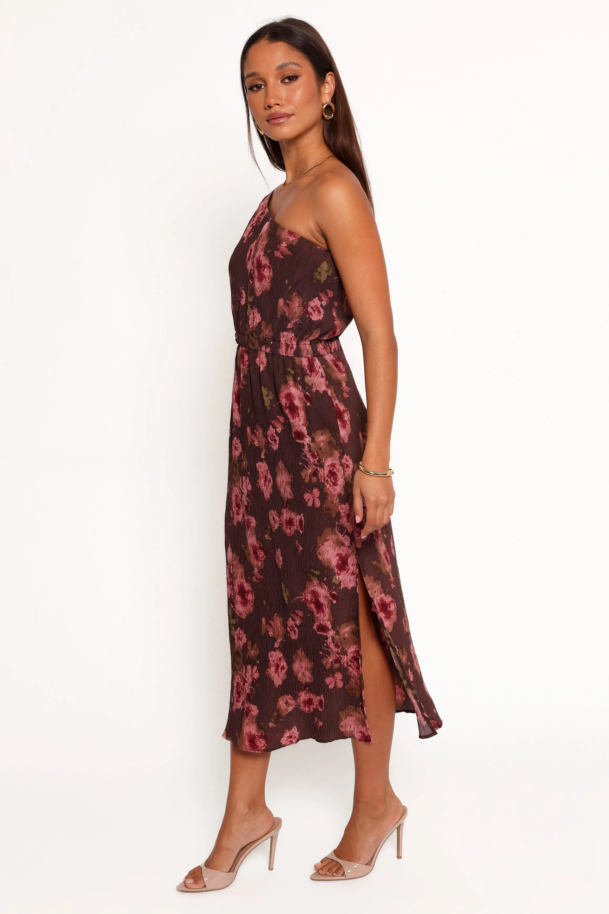 Pontee One Shoulder Pleated Midi Dress - Chocolate Brown sold by Petal & Pup product image thumbnail 5