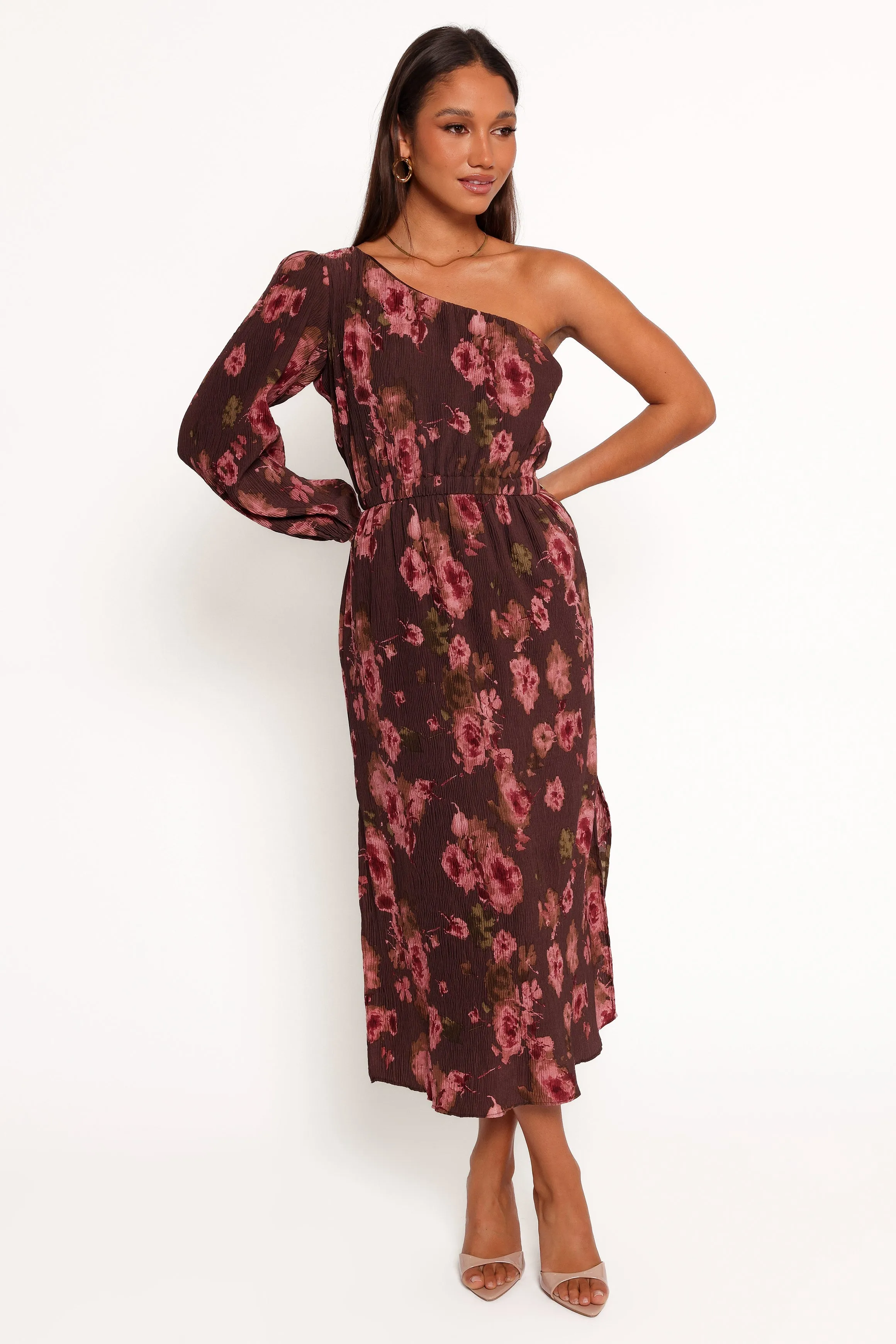 Pontee One Shoulder Pleated Midi Dress - Chocolate Brown sold by Petal & Pup product image thumbnail 3