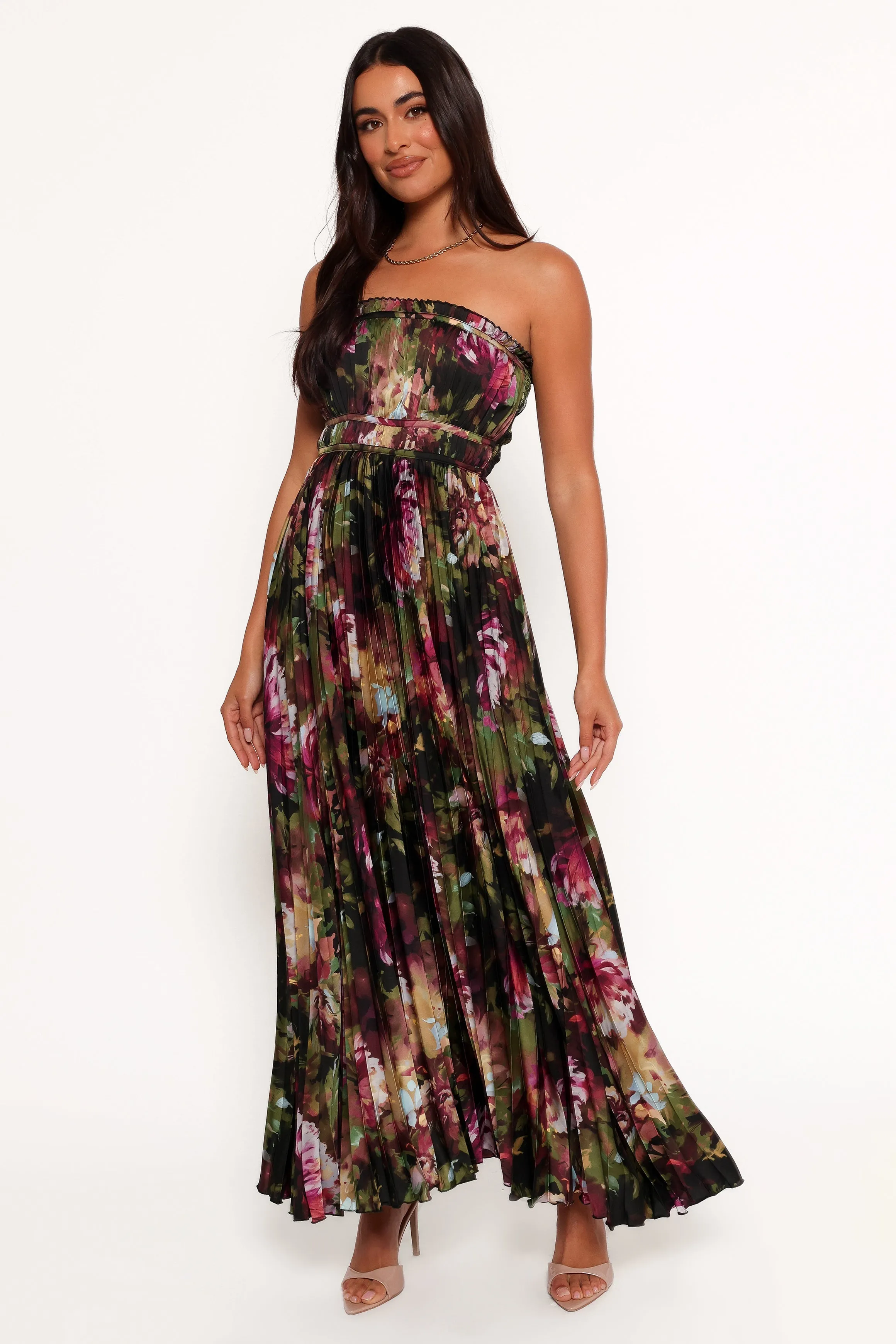 Angelique Strapless Maxi Dress - Grey Blurred Floral sold by Petal & Pup