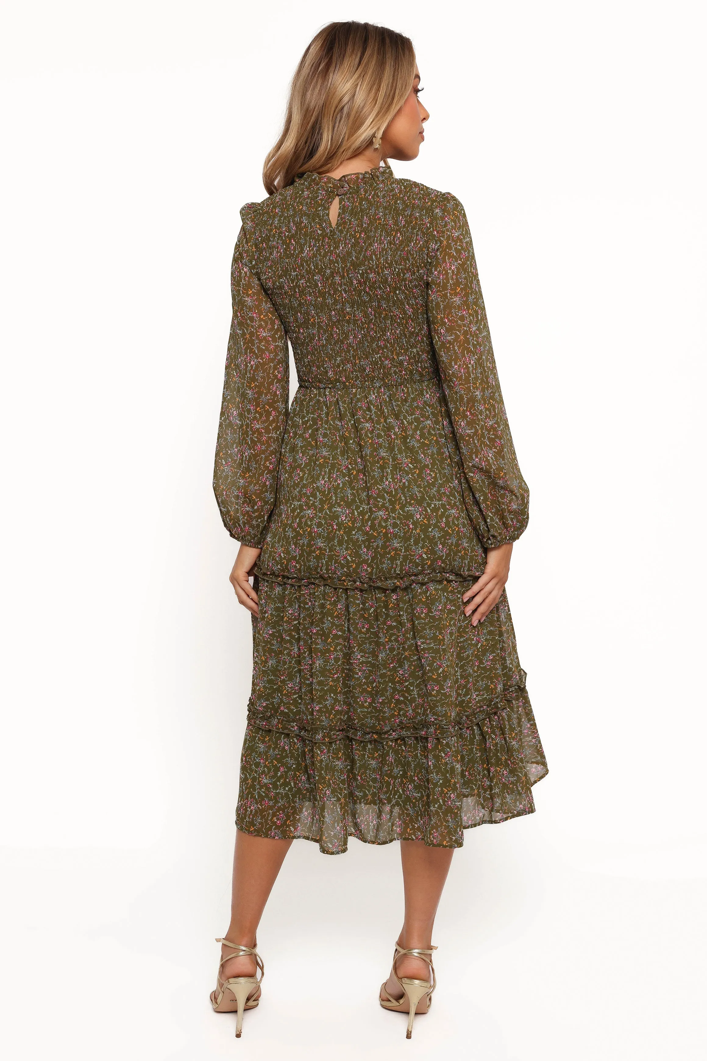 Edwina Shirred Frill Long Sleeve Midi Dress - Olive Floral sold by Petal & Pup product image thumbnail 5