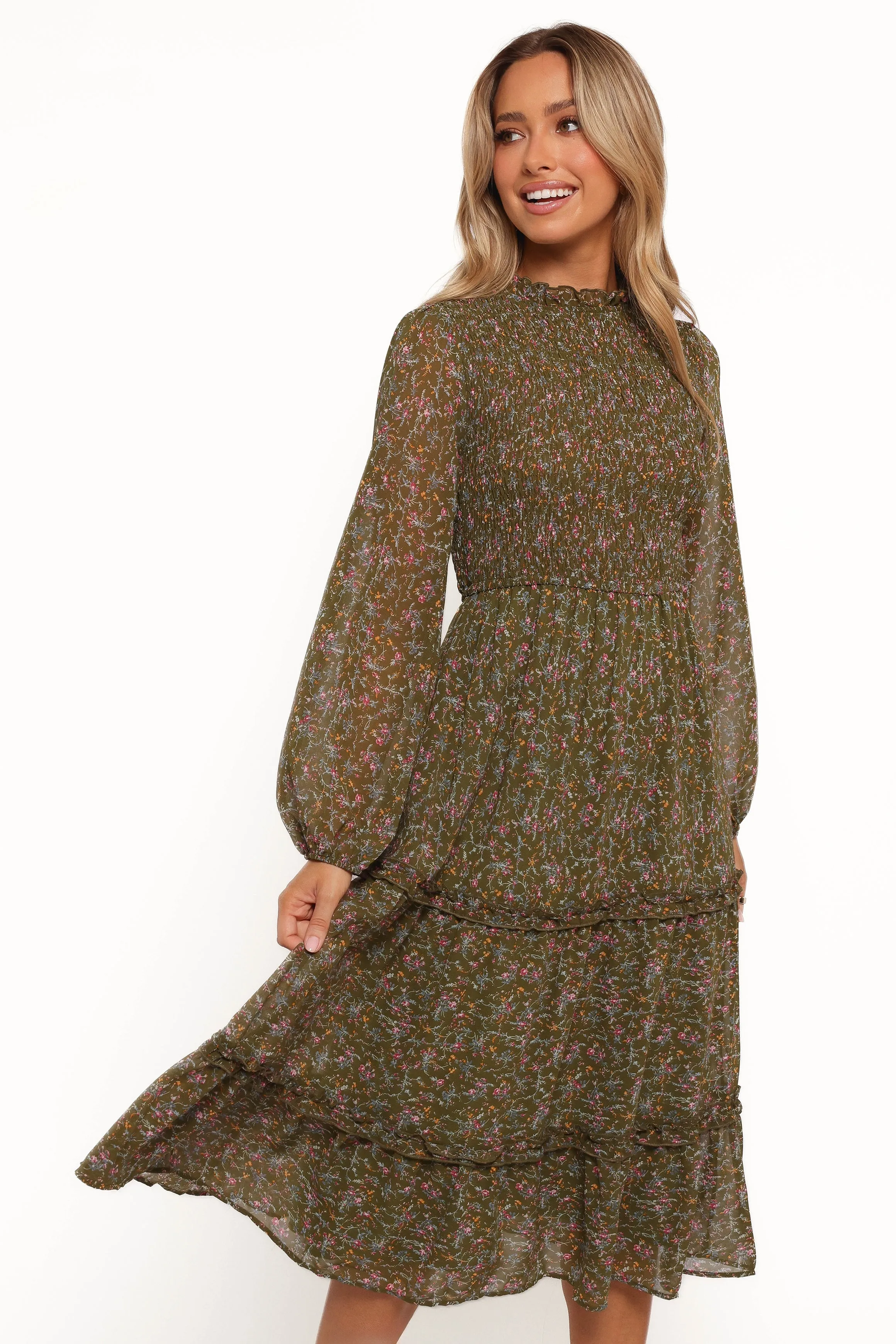 Edwina Shirred Frill Long Sleeve Midi Dress - Olive Floral sold by Petal & Pup