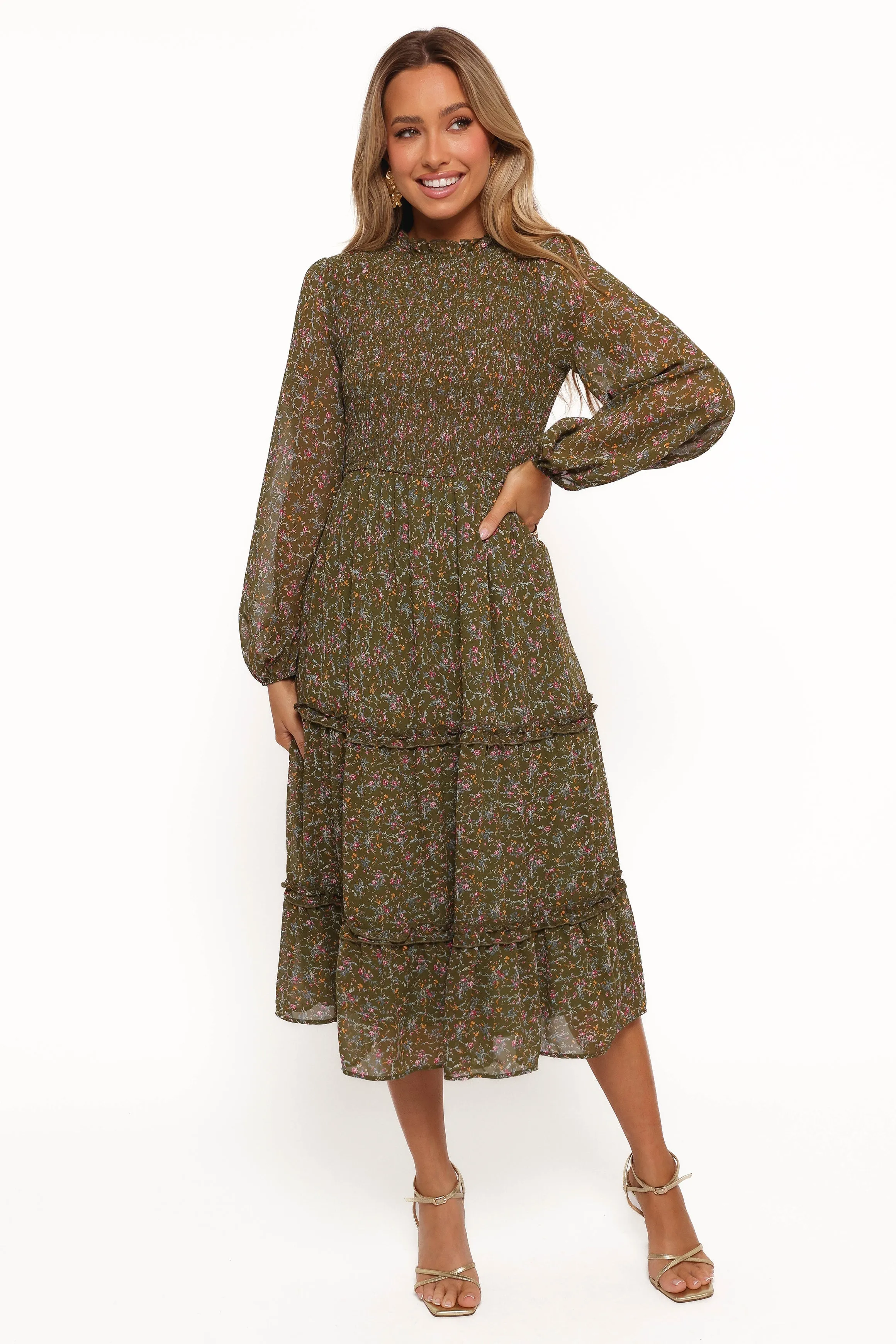 Edwina Shirred Frill Long Sleeve Midi Dress - Olive Floral sold by Petal & Pup product image thumbnail 2