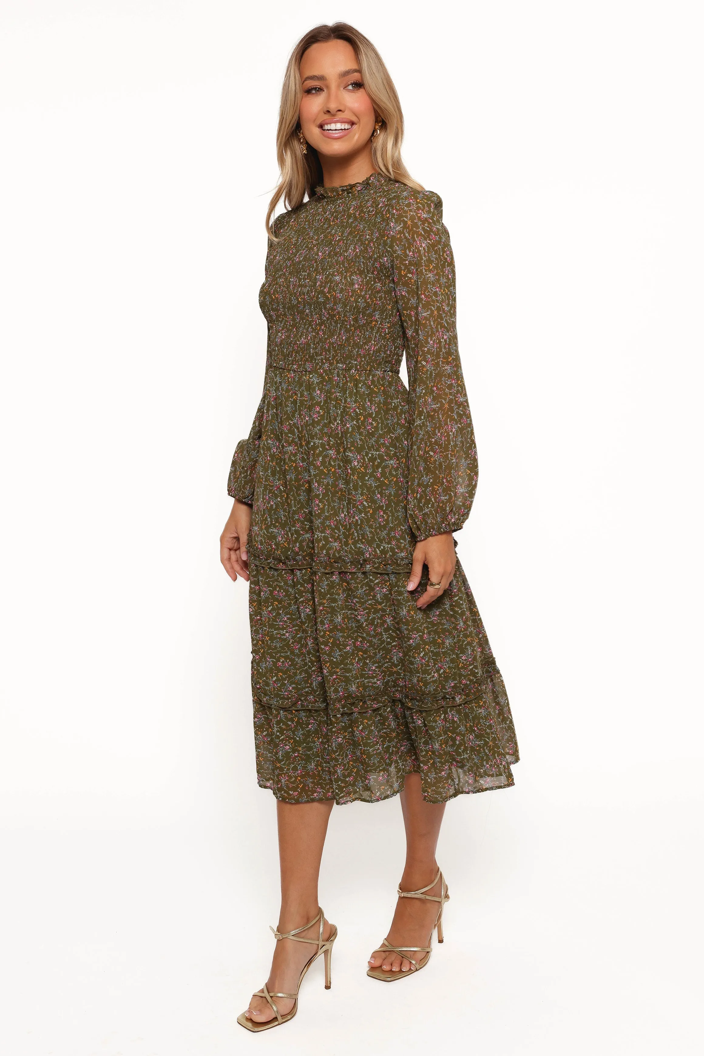 Edwina Shirred Frill Long Sleeve Midi Dress - Olive Floral sold by Petal & Pup product image thumbnail 4