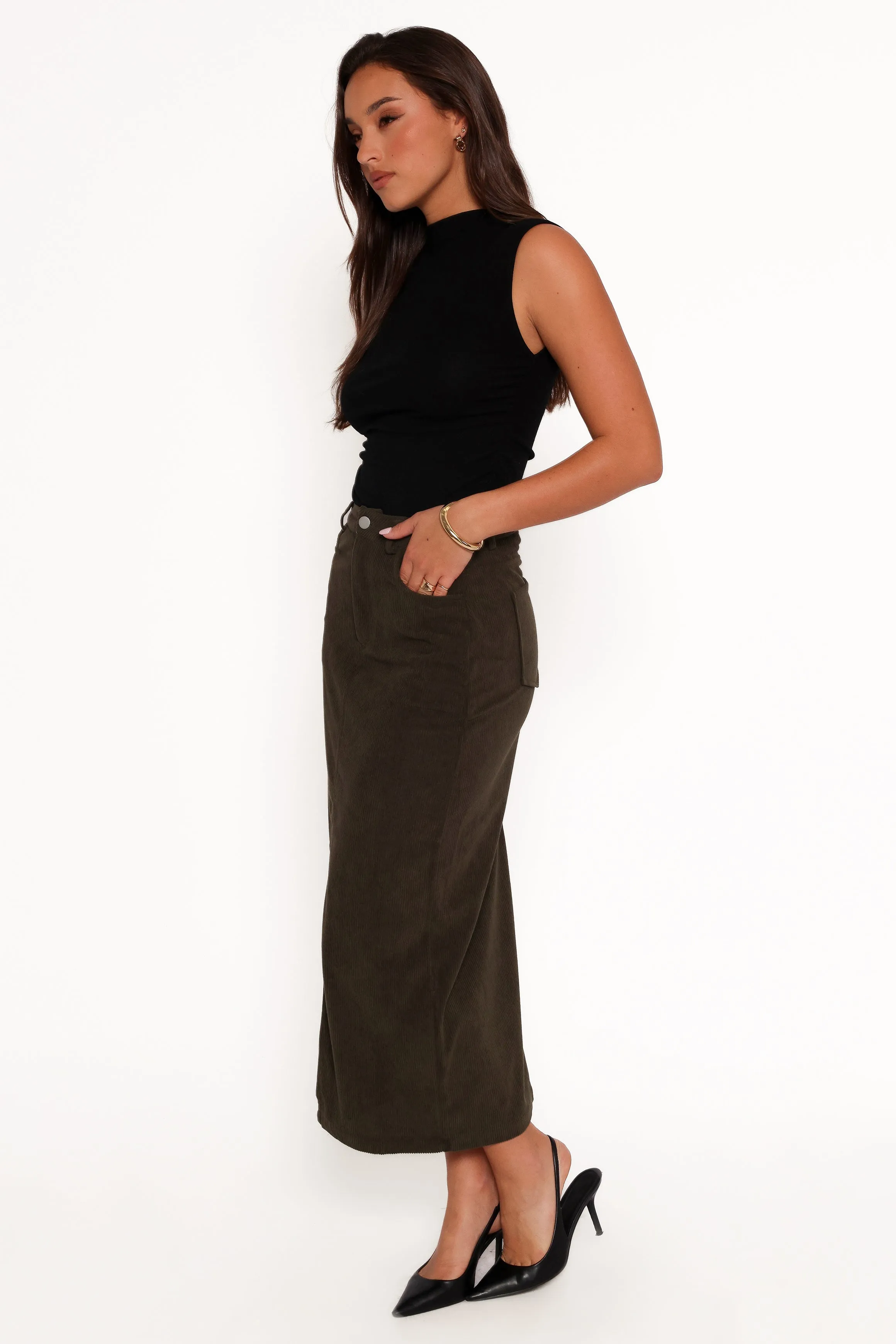 Myra Corduroy Midi Skirt - Olive sold by Petal & Pup product image thumbnail 5