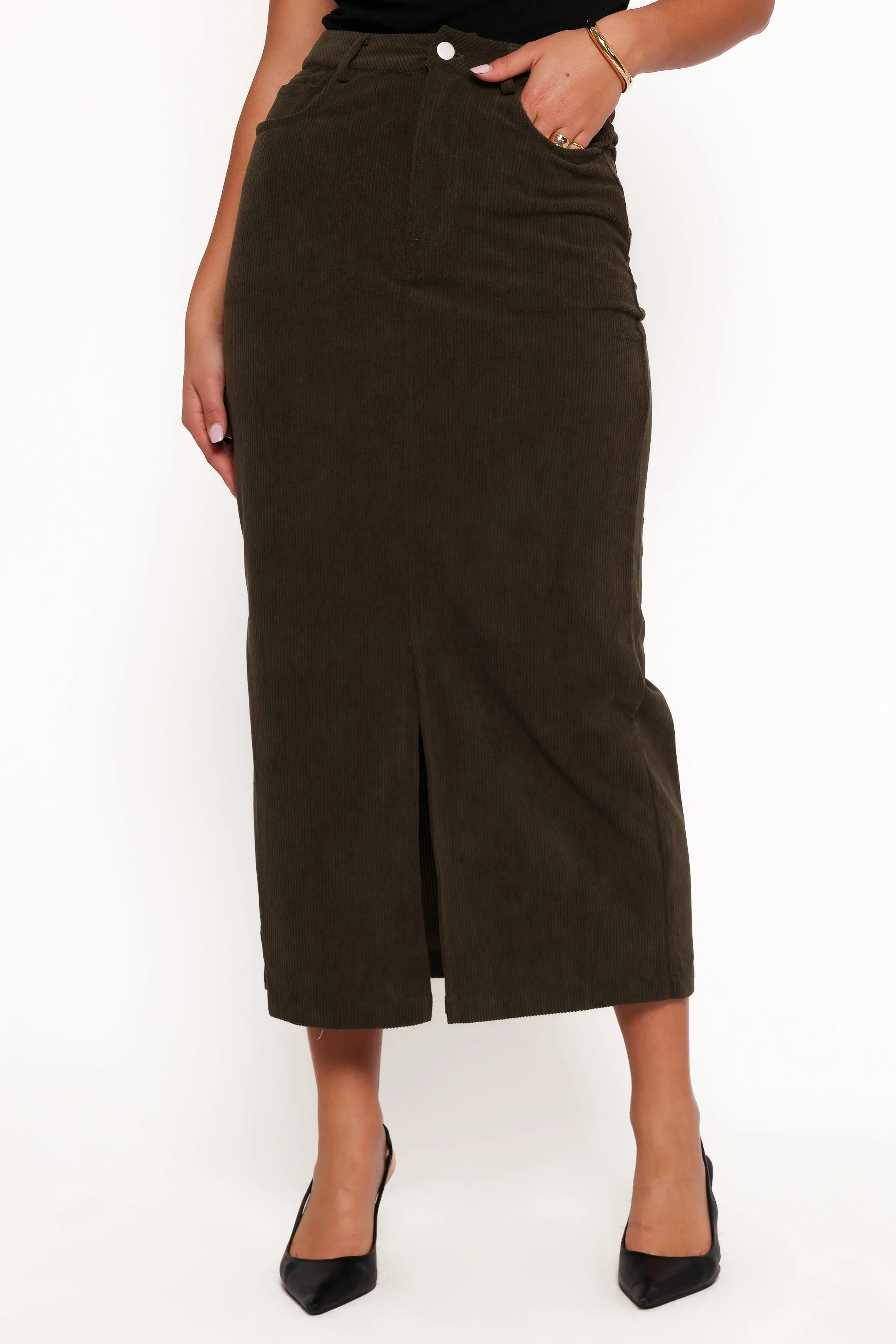 Myra Corduroy Midi Skirt - Olive sold by Petal & Pup product image thumbnail 4