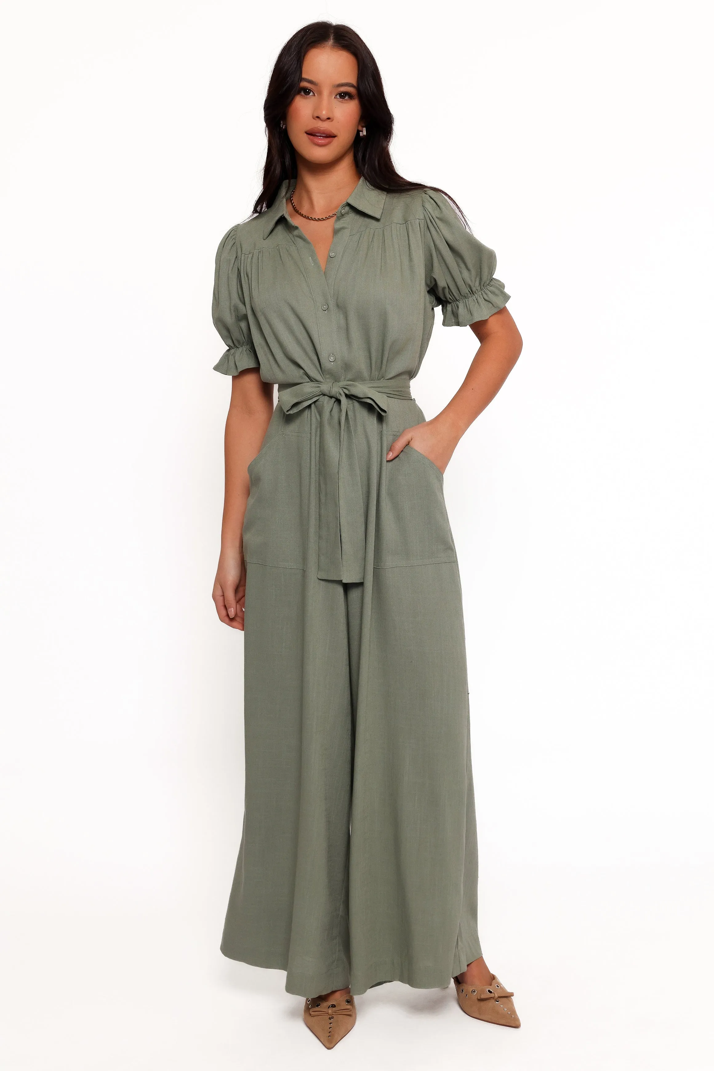 Minnie Waist Tie Jumpsuit - Olive sold by Petal & Pup